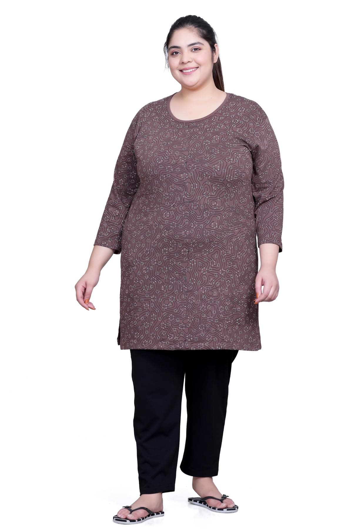 RYSH Women's All-Over Printed Cotton Plus Size Longline T-Shirt Full Sleeves Coffee 5XL