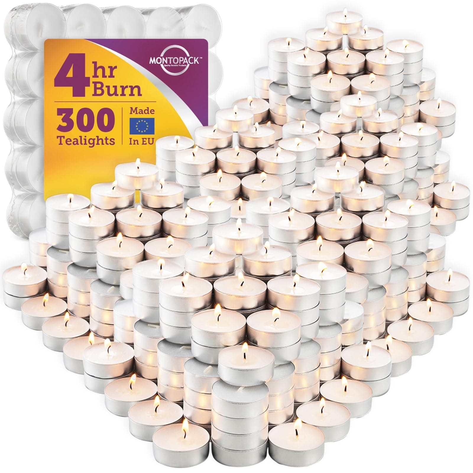 MontoPack Unscented Tea Lights Candles in Bulk | 300 White, Smokeless, Dripless & Long Lasting Paraffin Tea Candles | Small Votive Mini Tealight Candles for Home, Pool, Shabbat, Weddings & Emergencies