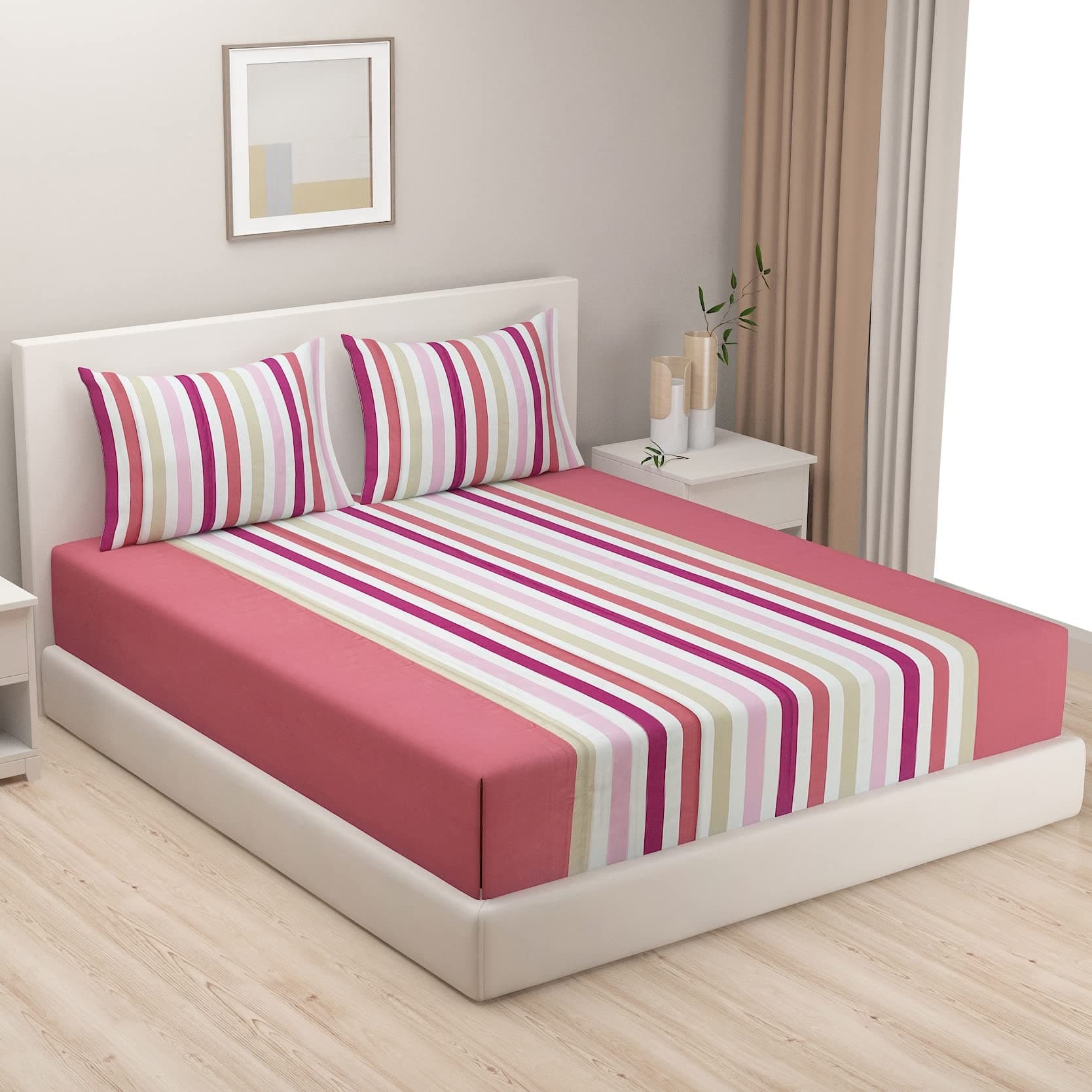Swayam 100% Cotton Double Bedsheet with 2 Pillow Covers | 240 TC Soft Breathable Bed Sheet | Striped Printed | Size 90 x 108 inch | Comfortable & Durable for Bedroom - Peach