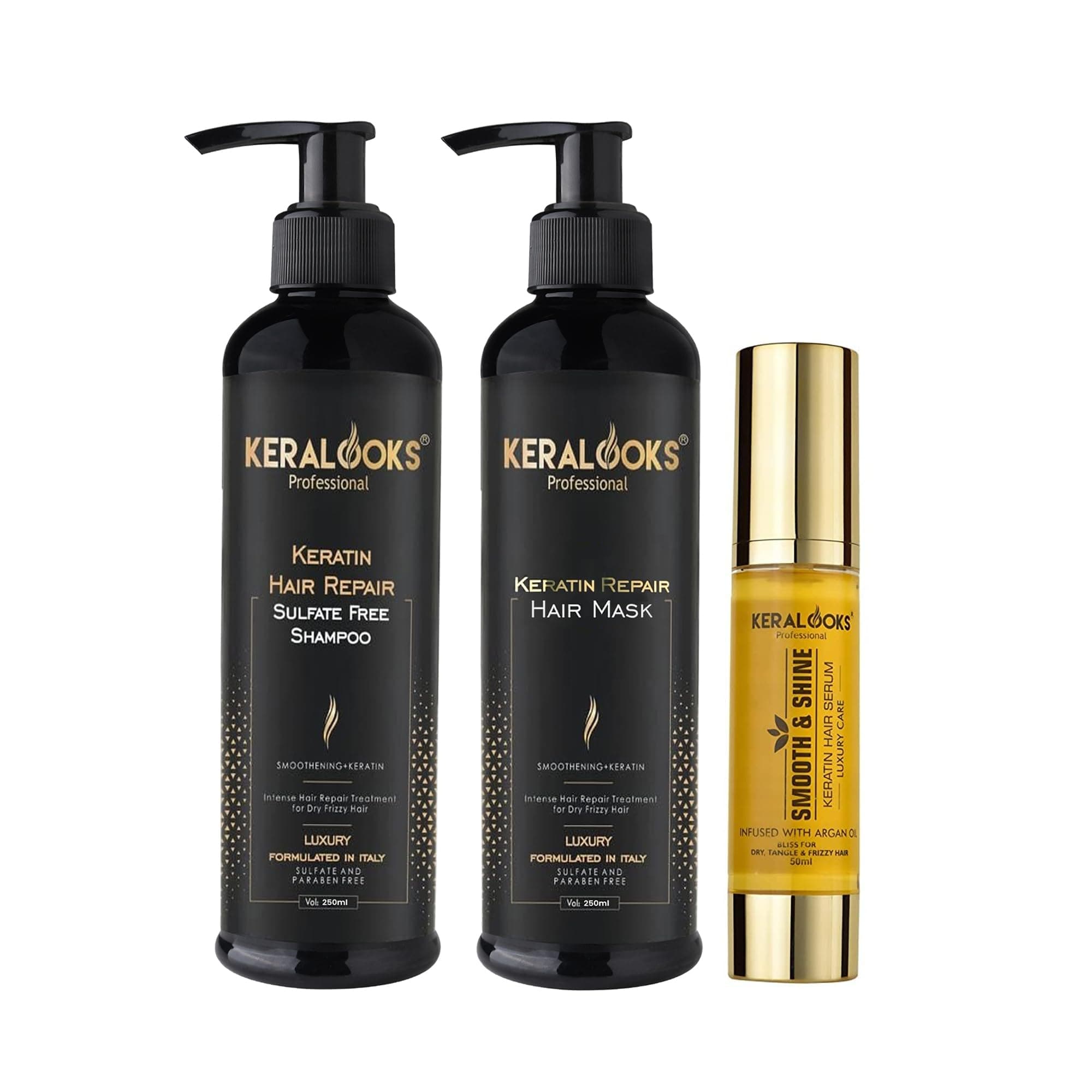 Keratin Repair Hair Shampoo, Hair Mask & Argan Oil Hair Serum Combo (250ml+250ml+50ml) Reduces Hair Breakage & Nourishes Hair Growth | Eliminates Splits End With Hair Nourishment | Paraben Free