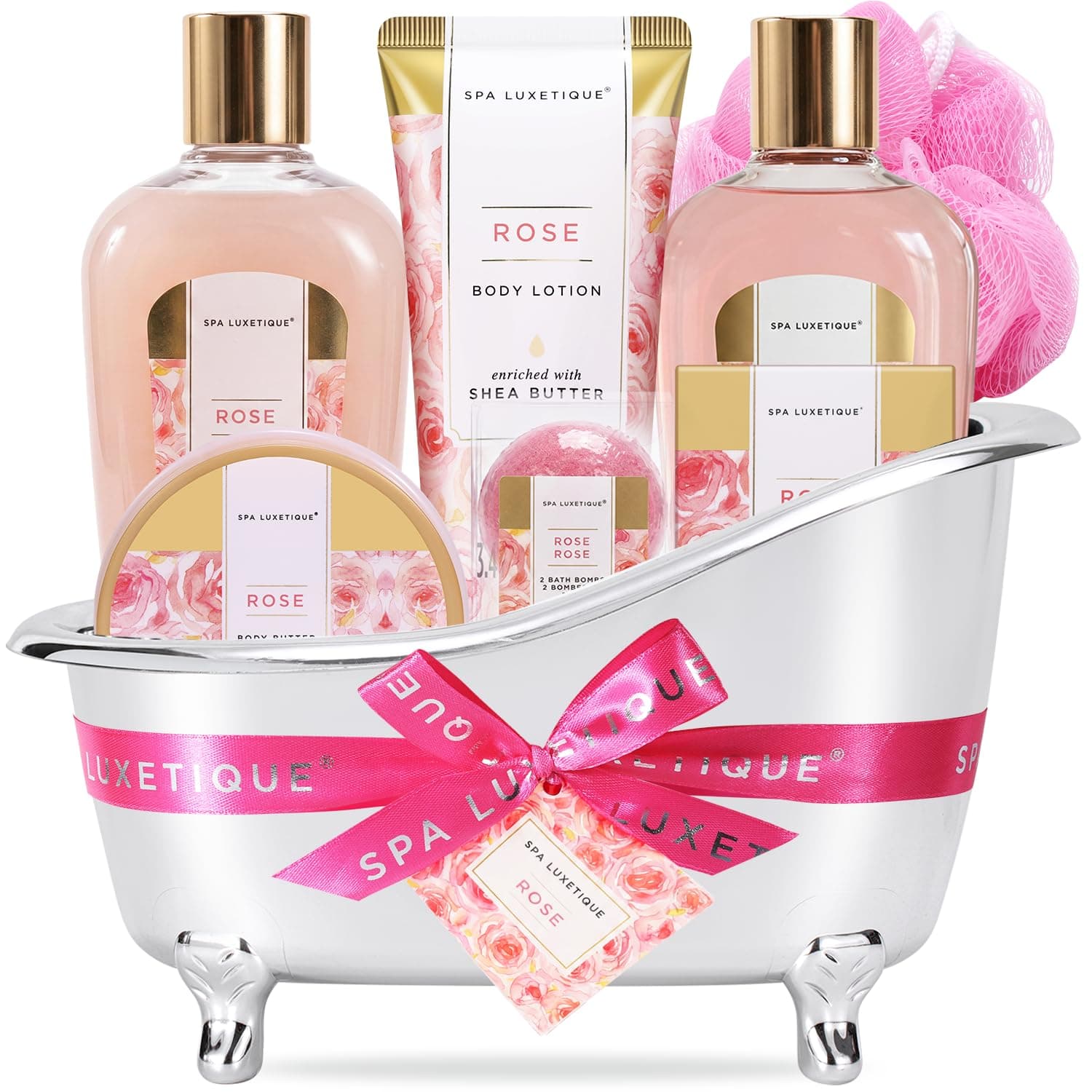 Spa Luxetique Spa Gift Basket Rose Fragrance, Premium 8pc Gift Baskets for Women, Cute Bath Tub.