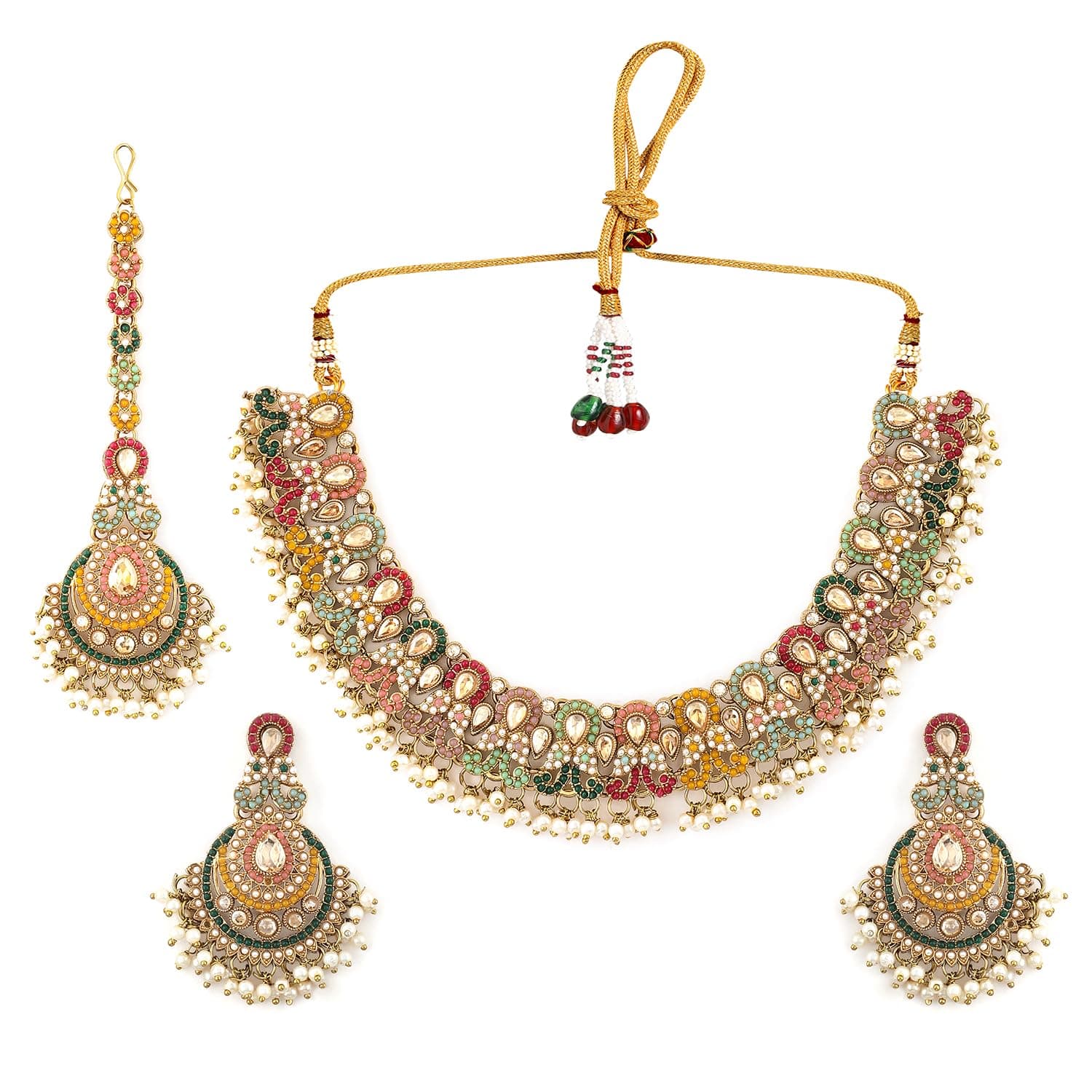 Rubans 22K Gold-Plated Multicolor Kundan & Pearl Beaded Handcrafted Choker Necklace Set with Maang Tikka