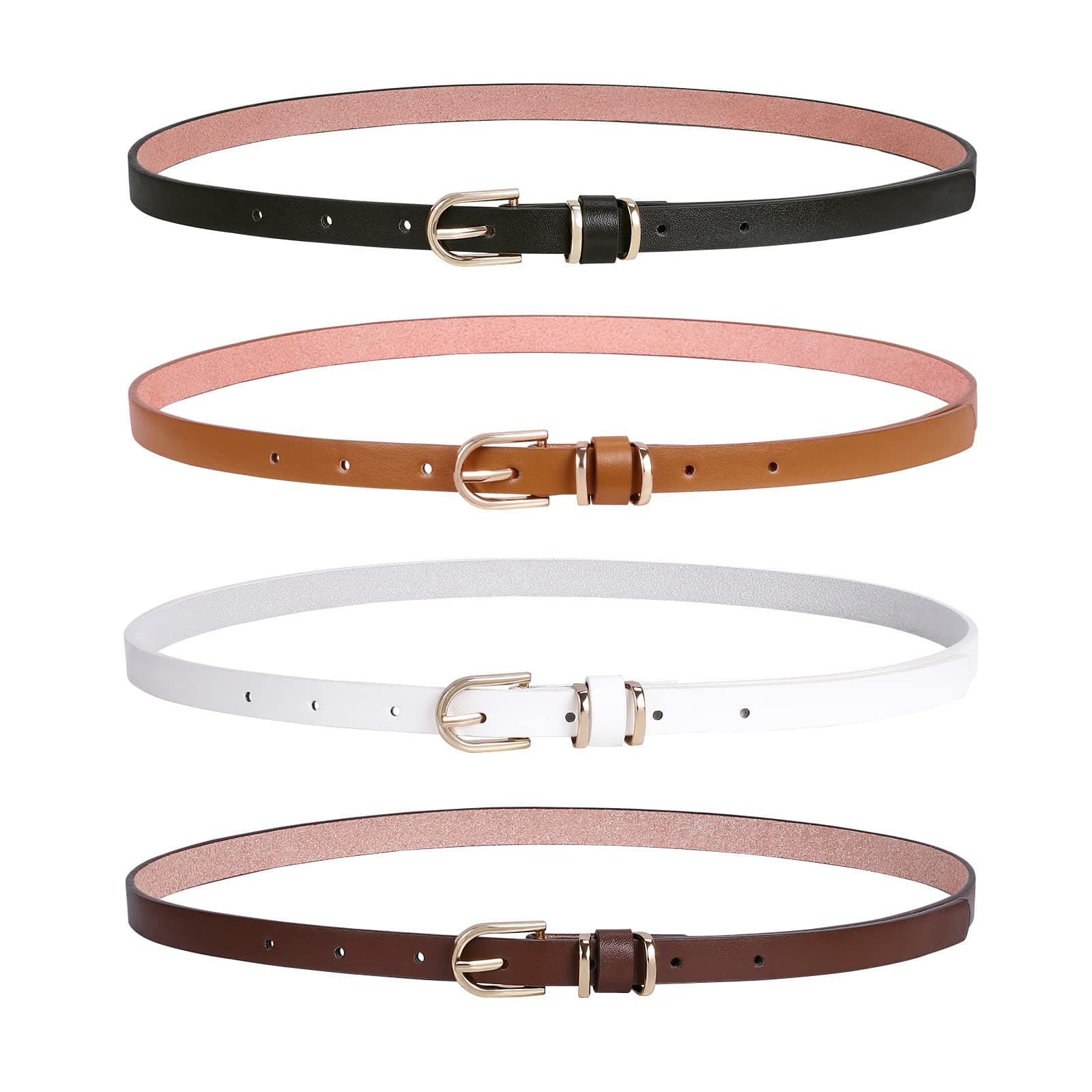 LEACOOLKEY 4 PACK Skinny Leather Belt for Women Dress Thin Waist Belt with Gold Buckle for Jeans, A-black+white+brown+coffee, 39": Suit Waist Size 26"-31"