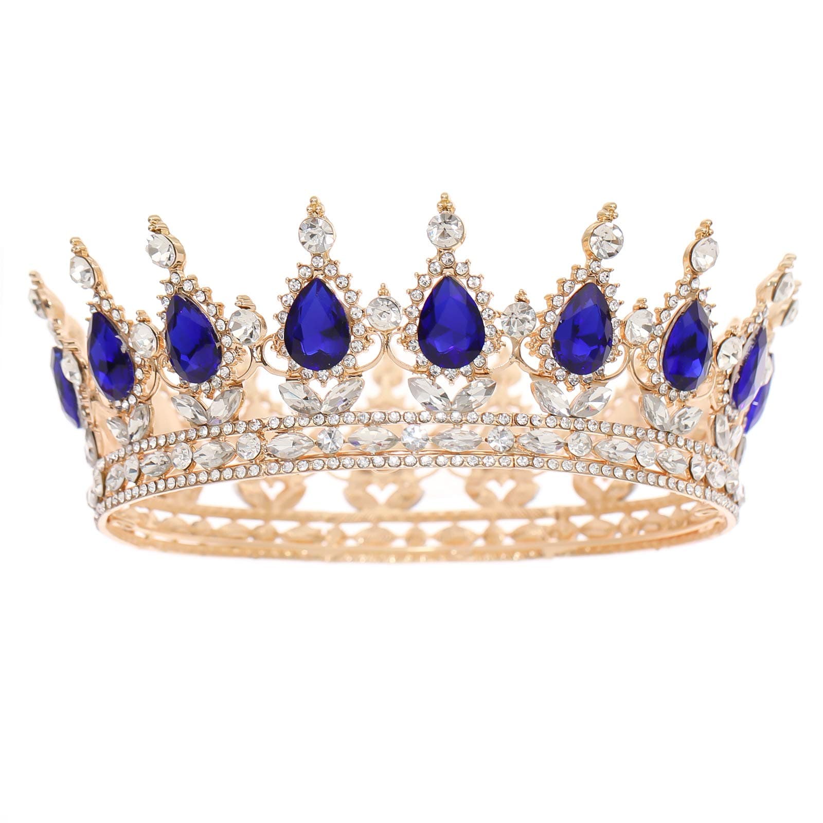 FORSEVEN Queen Crown Rhinestone Wedding Crowns and Tiaras for Women Costume Party Hair Accessories Princess Birthday Crown Crystal Bridal Crown (Gold+Blue)