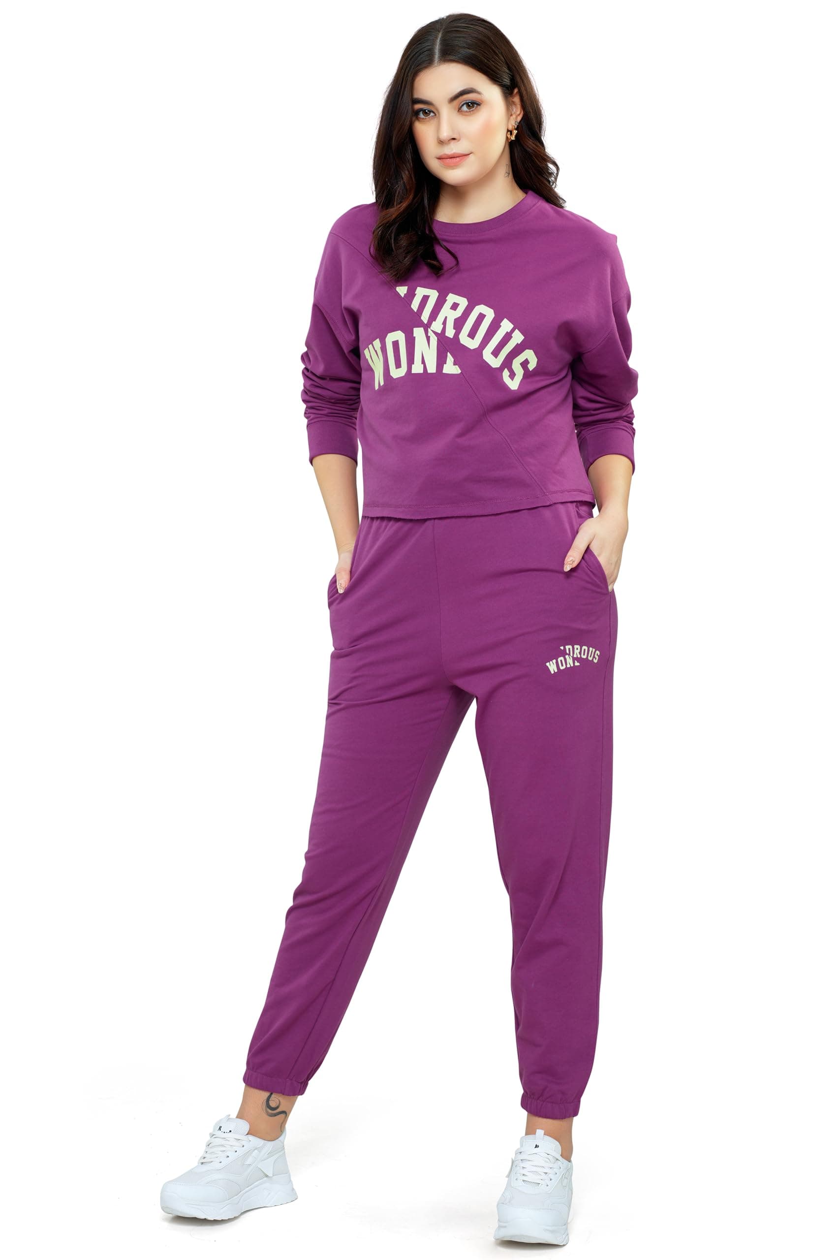 ZEYO Women Cotton Track Suit Typography Printed Crop Top Co-ords Set