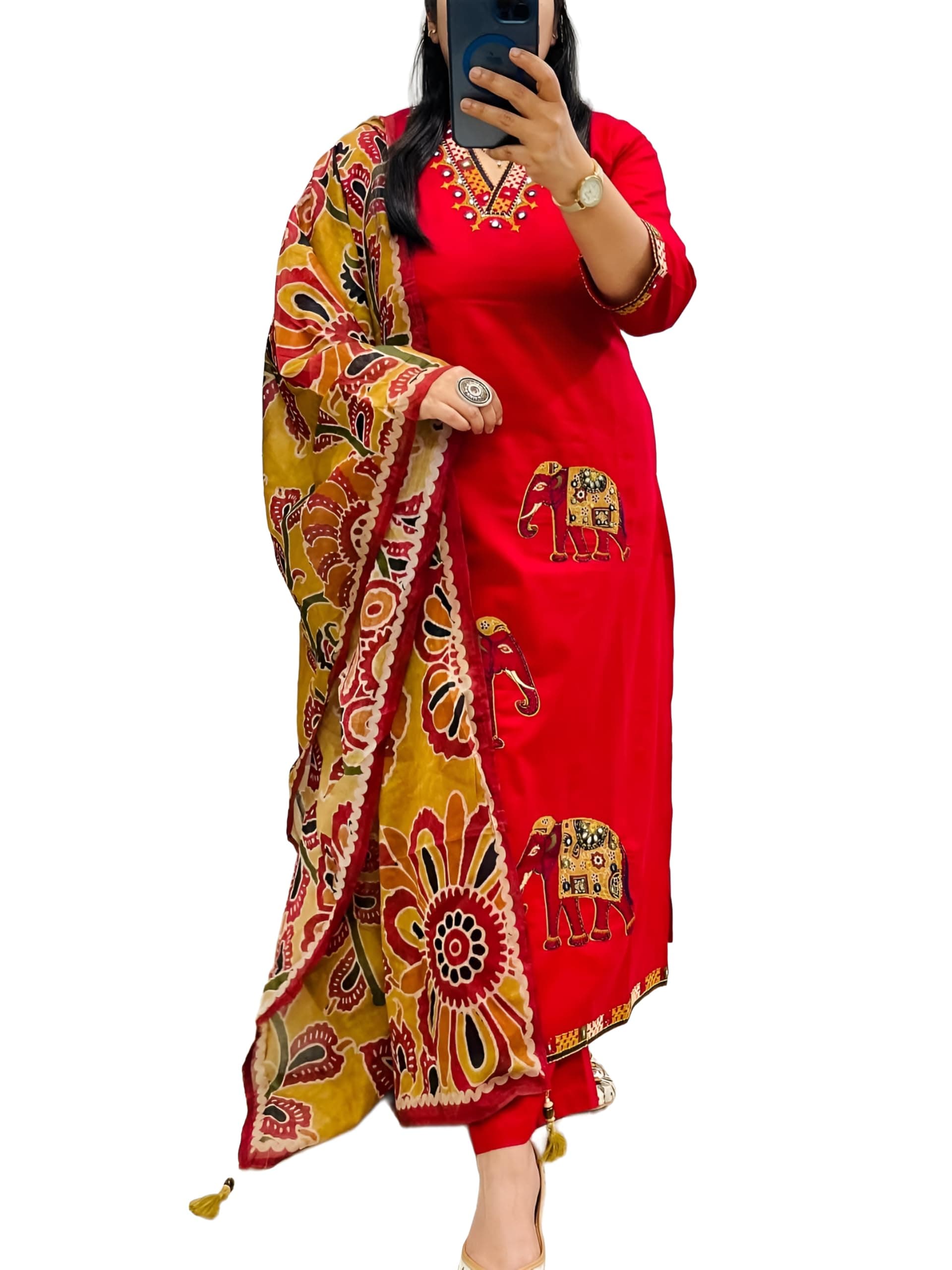 BHARVITA Women's Cotton Embroidered Anarkali Kurta and Palazzo with Dupatta Set (IN, Alpha, 3XL, Regular, RED)