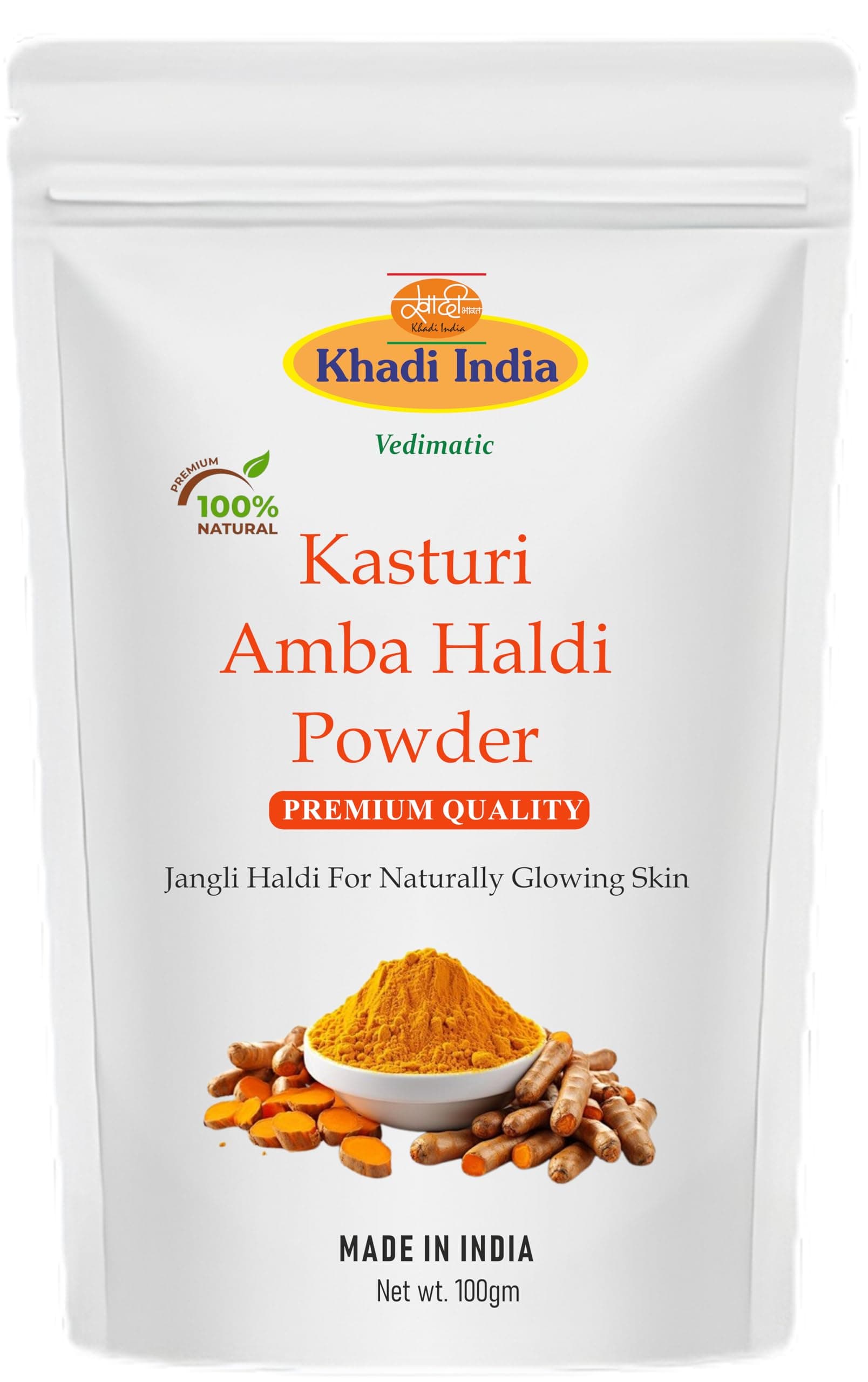 SWADESHI HERBAL Khadi 100% Pure & Natural Kasturi Amba Haldi Powder Organic Wild Turmeric for Glowing Skin,Tan Removal & Acne Control Face & Body Care 100g