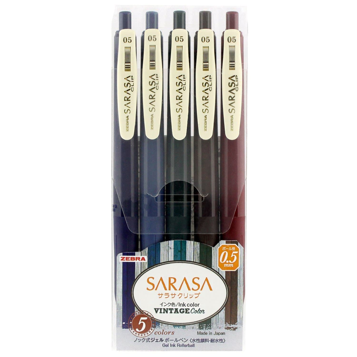 Zebra Technologies Gel Ball Pen Sarasa Clip 0.5 Vintage 5 Color Jj15-5C-Vi, Ink Color-Multicolor