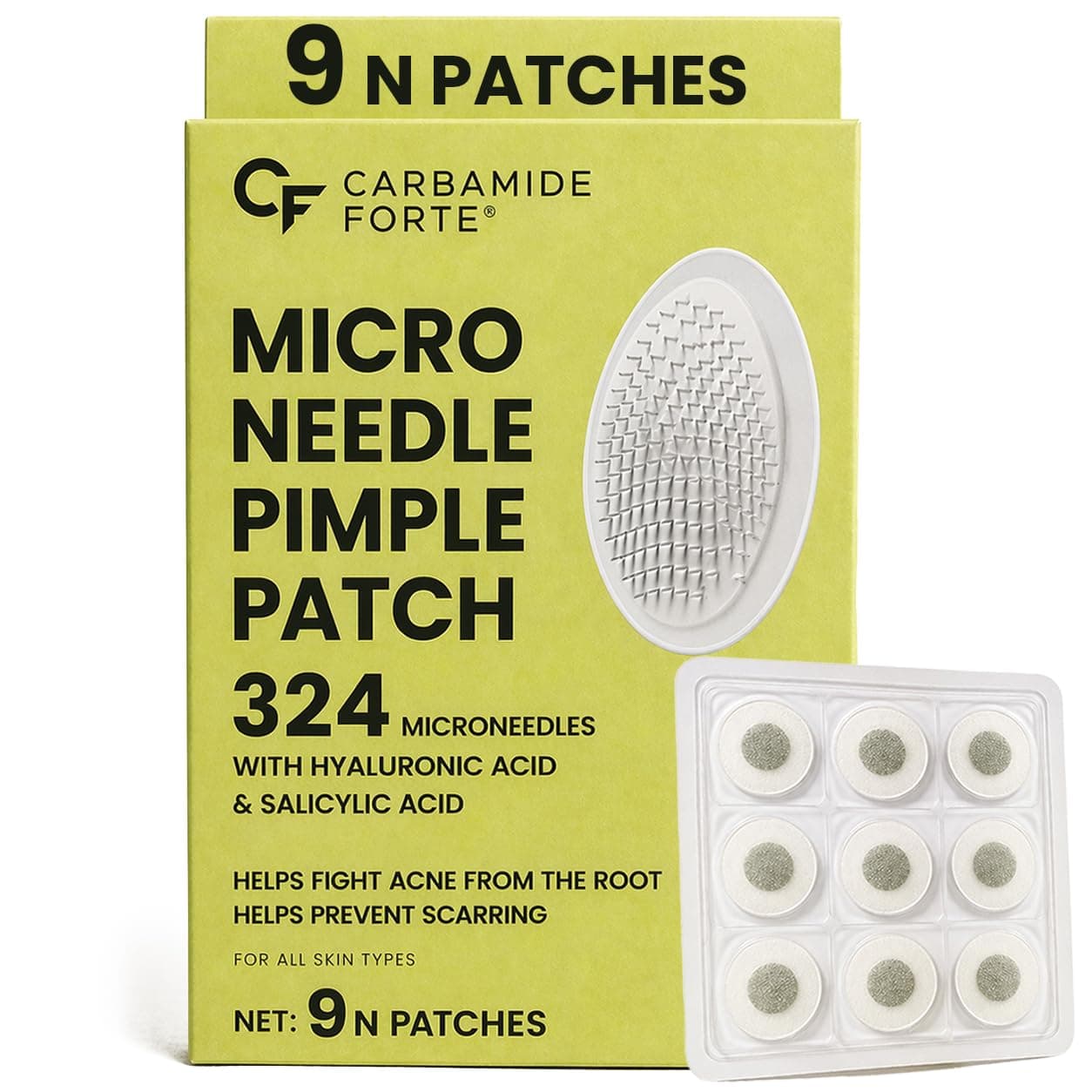 Carbamide Forte Microneedle Pimple Patches | 324 Microneedles | Pimple Patches for Face Salicylic Acid & Hyaluronic Acid | Invisible Waterproof Acne Patches for Women and Men | For All Skin Types - 9 Patches