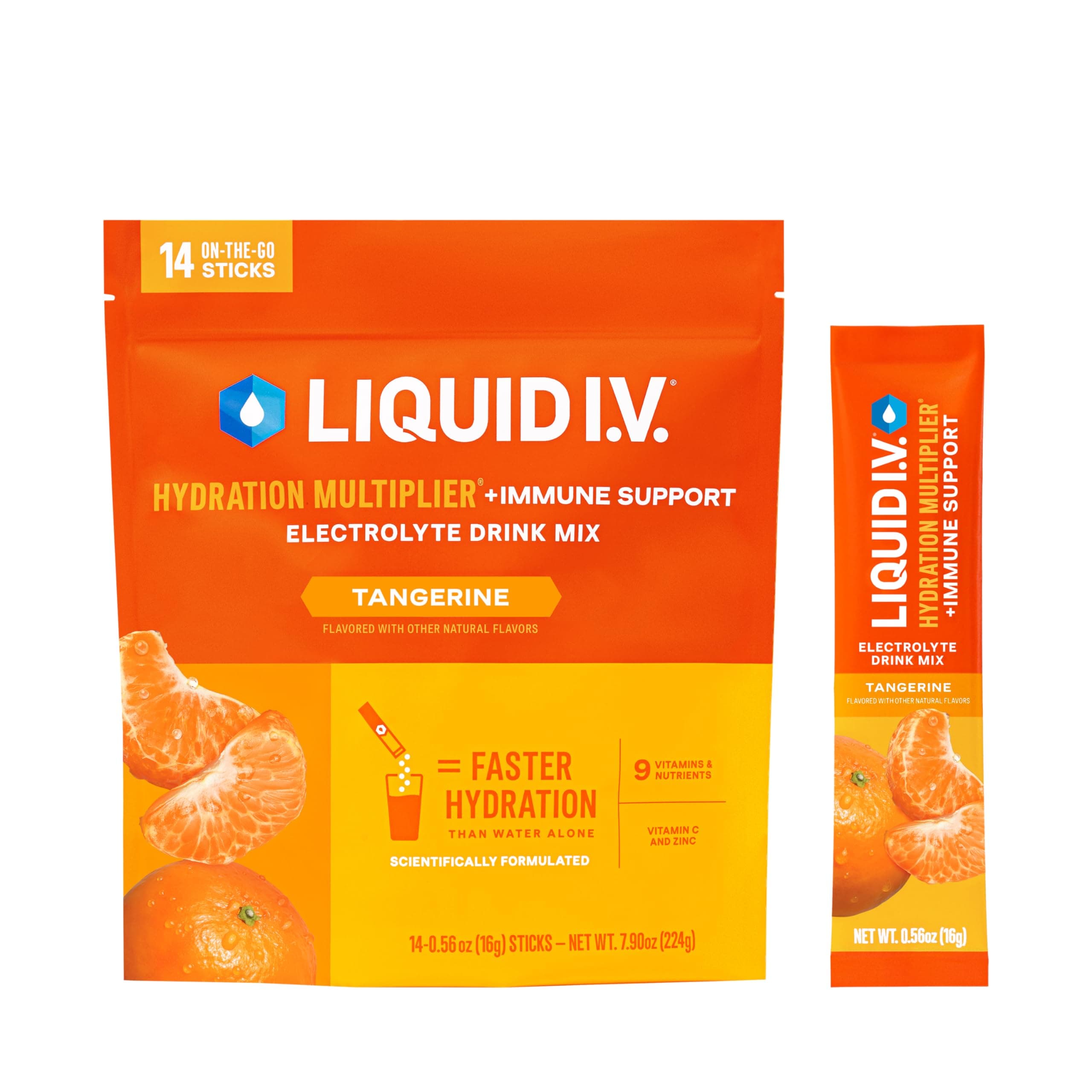 Liquid I.V. Liquid Hydration Multiplier + Immune Support, Easy Open Packets, Natural Tangerine Flavor (14 Count)