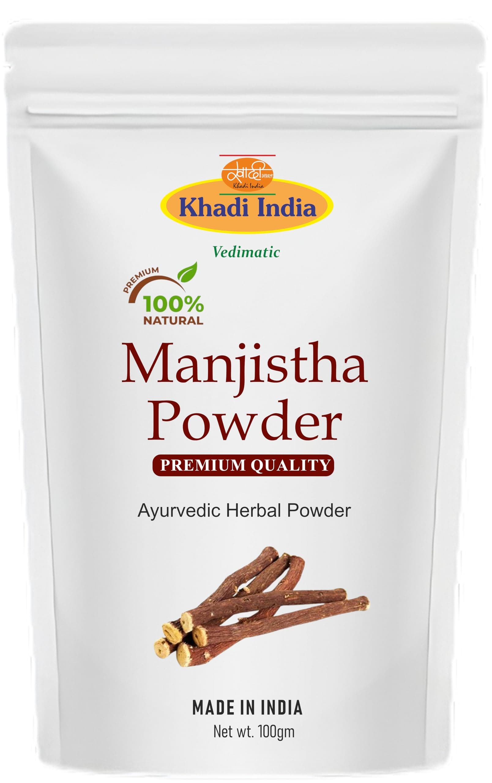SWADESHI HERBAL Khadi 100% Pure & Organic Manjistha Powder (Rubia Cordifolia) Natural Ayurvedic Detoxifier for Glowing Skin,Pigmentation 100g