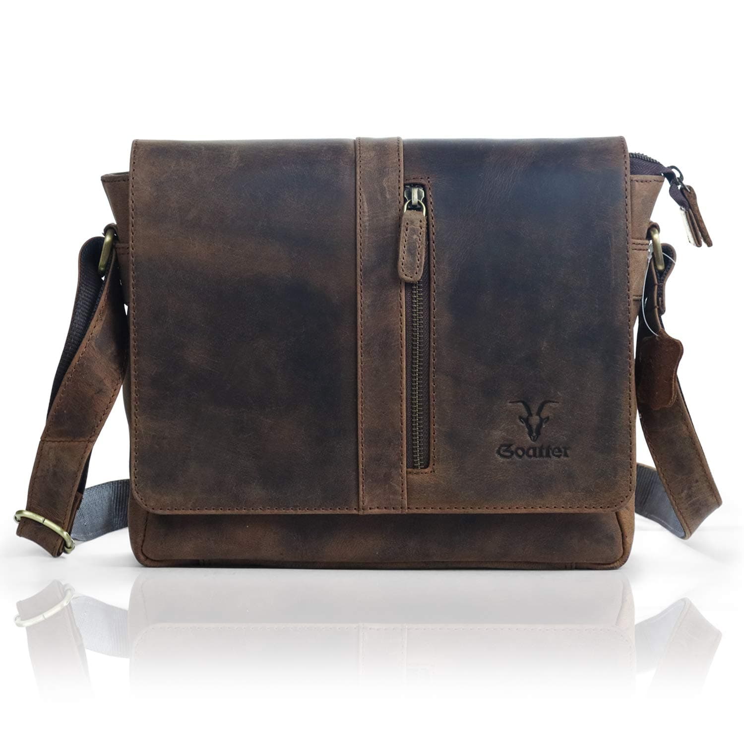 Goatter Mens Genuine Hunter Leather 11" Inch Sling Messenger Bag