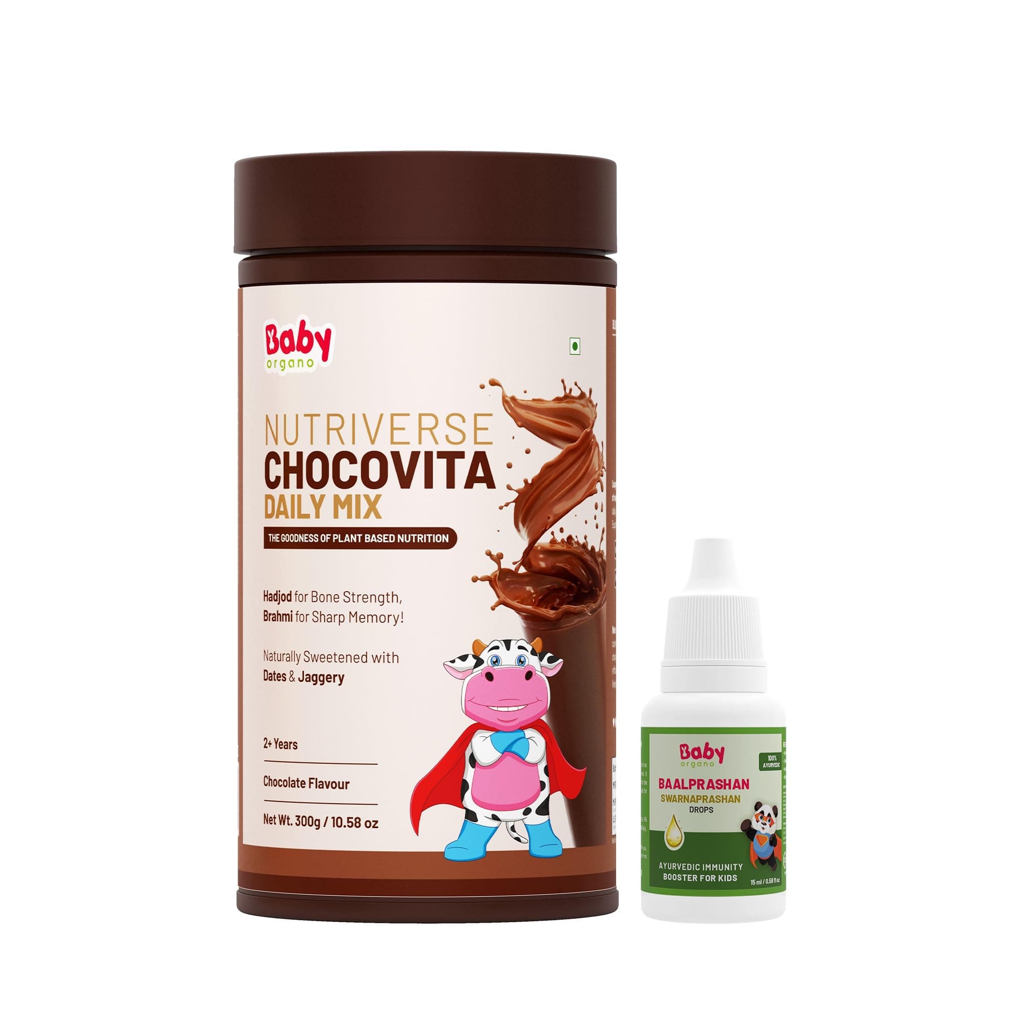 Babyorgano Combo Pack of Swarnaprashan Drop and Herbal Chocovita 300g- 100% Ayurvedic - Immunity Booster for Kids - Chocolate Flavor Milk Drink Mix Powder FDCA Approved
