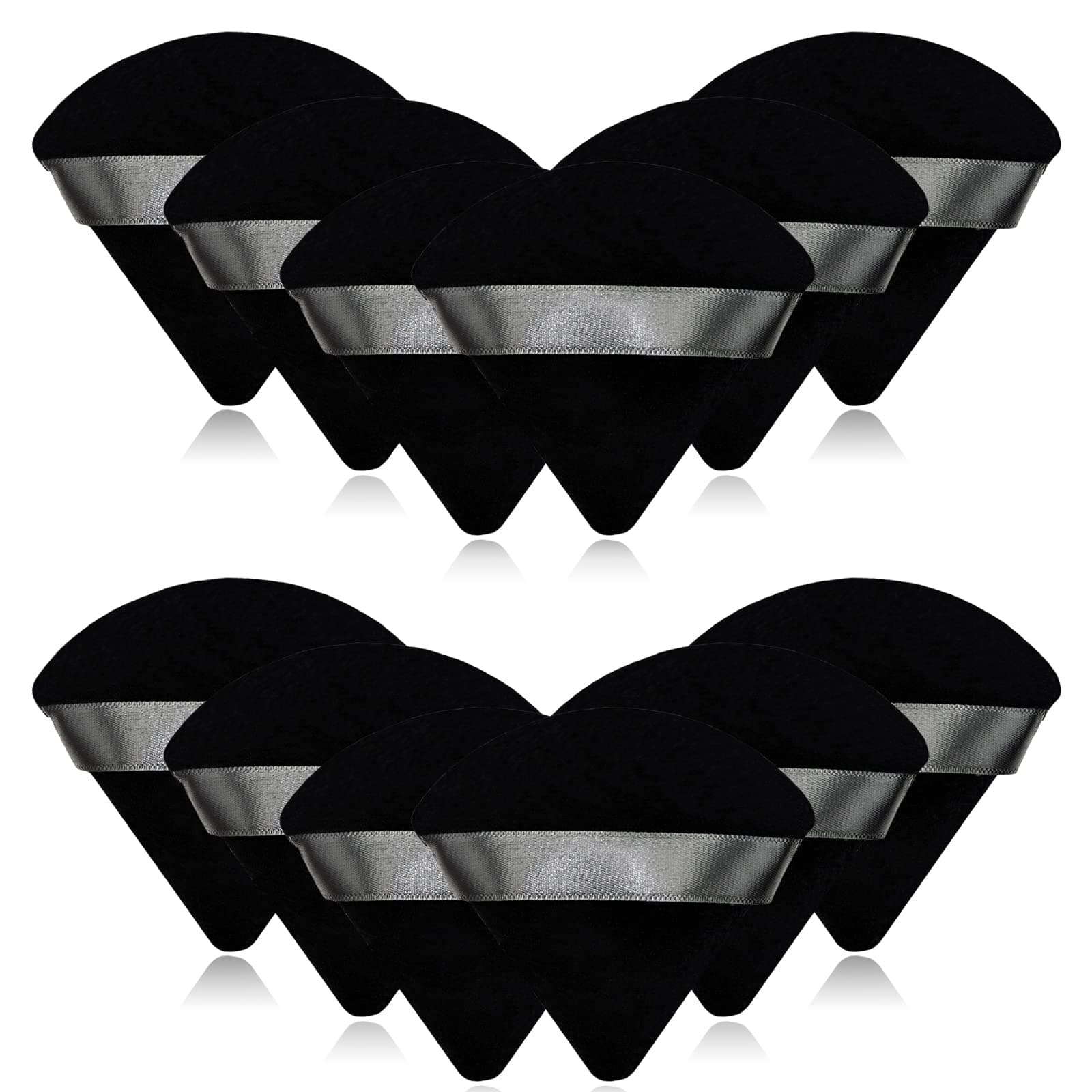 12 Pieces Black Cosmetic Powder Puff,2.76 inch Portable Soft Sponge Setting Face Puffs,Triangle Velvet Powder Puff with Ribbon Band Handle for Loose Powder Body Powder Makeup Tool