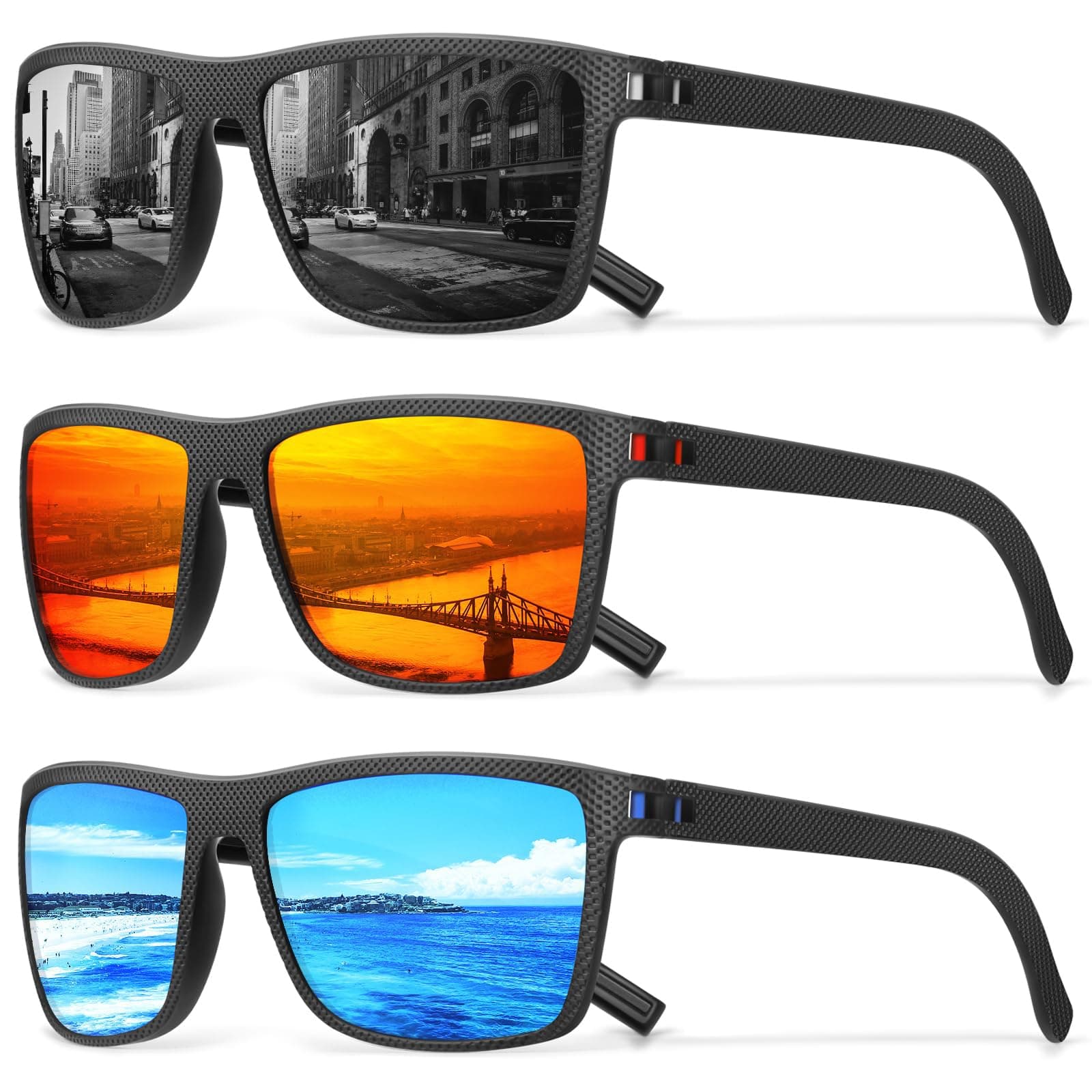 Square Polarized Sunglasses for Men Vintage Style Driving Travel Sun Glasses Lightweight Frame UV Protection Goggles, 3pack Black+red+blue, One Size