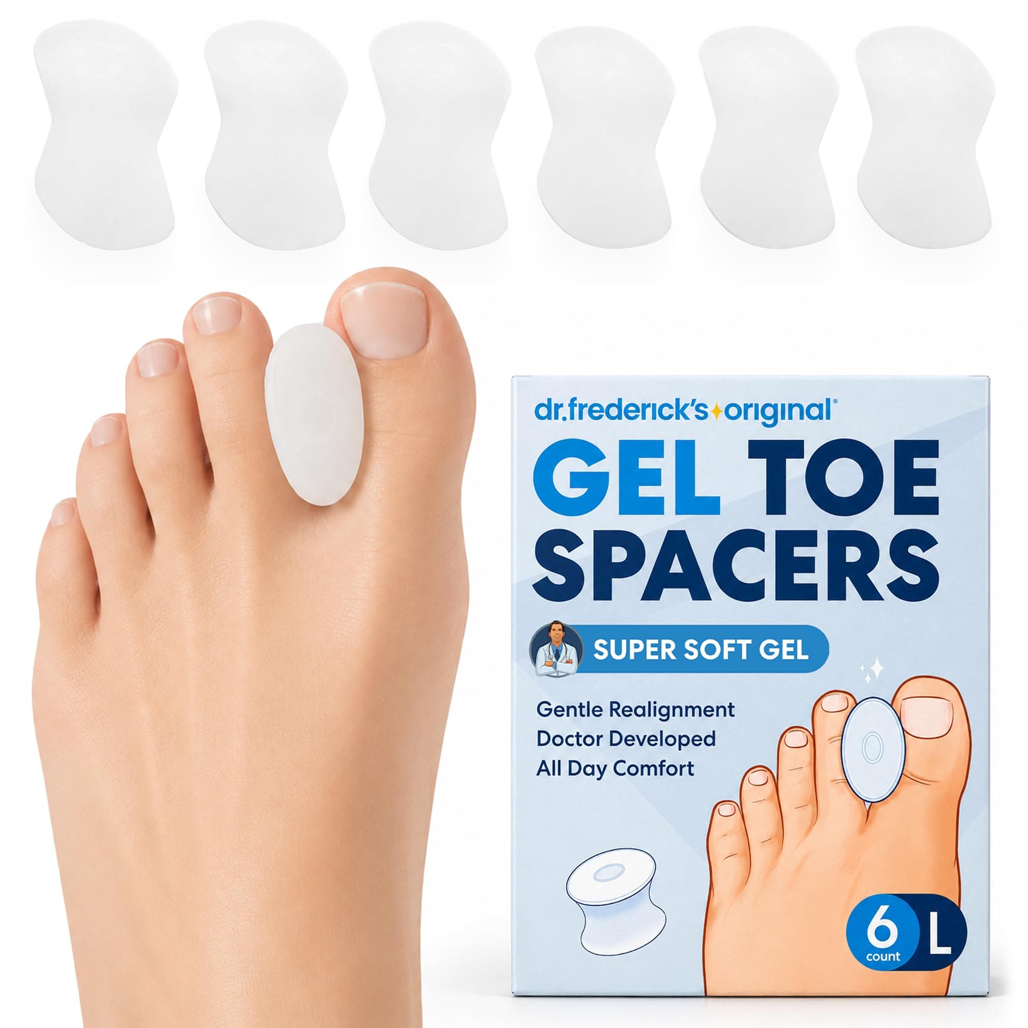 Large : Dr. Frederick's Original Gel Toe Separators - Bunion Pain Relief for Men & Women - 6 Pieces - Large