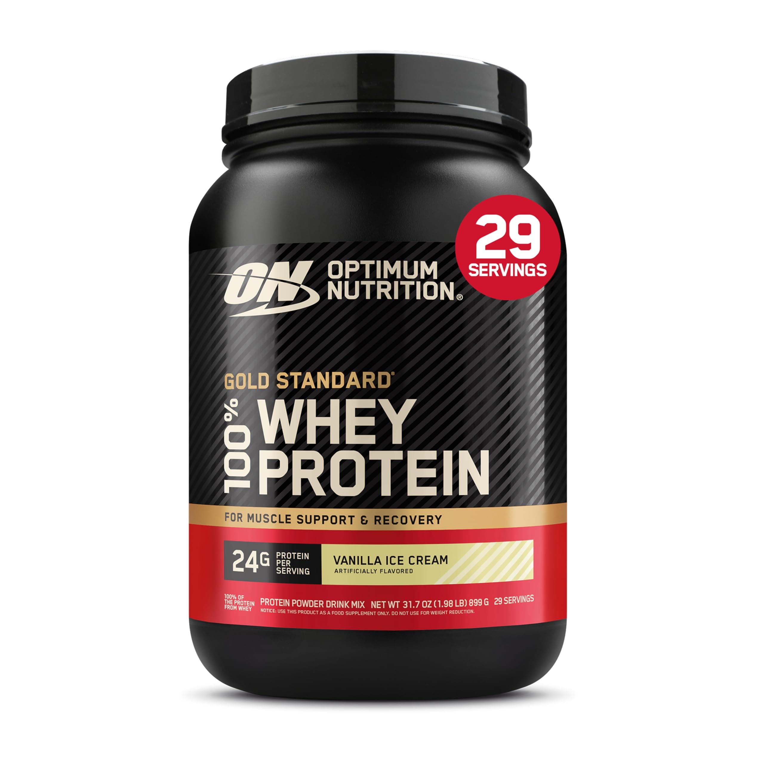 Optimum Nutrition (ON) Gold Standard 100% Whey Protein Powder (Vanilla Ice Cream)2 lbs, 907 g, for Muscle Support & Recovery, Vegetarian - Primary Source Whey Isolate