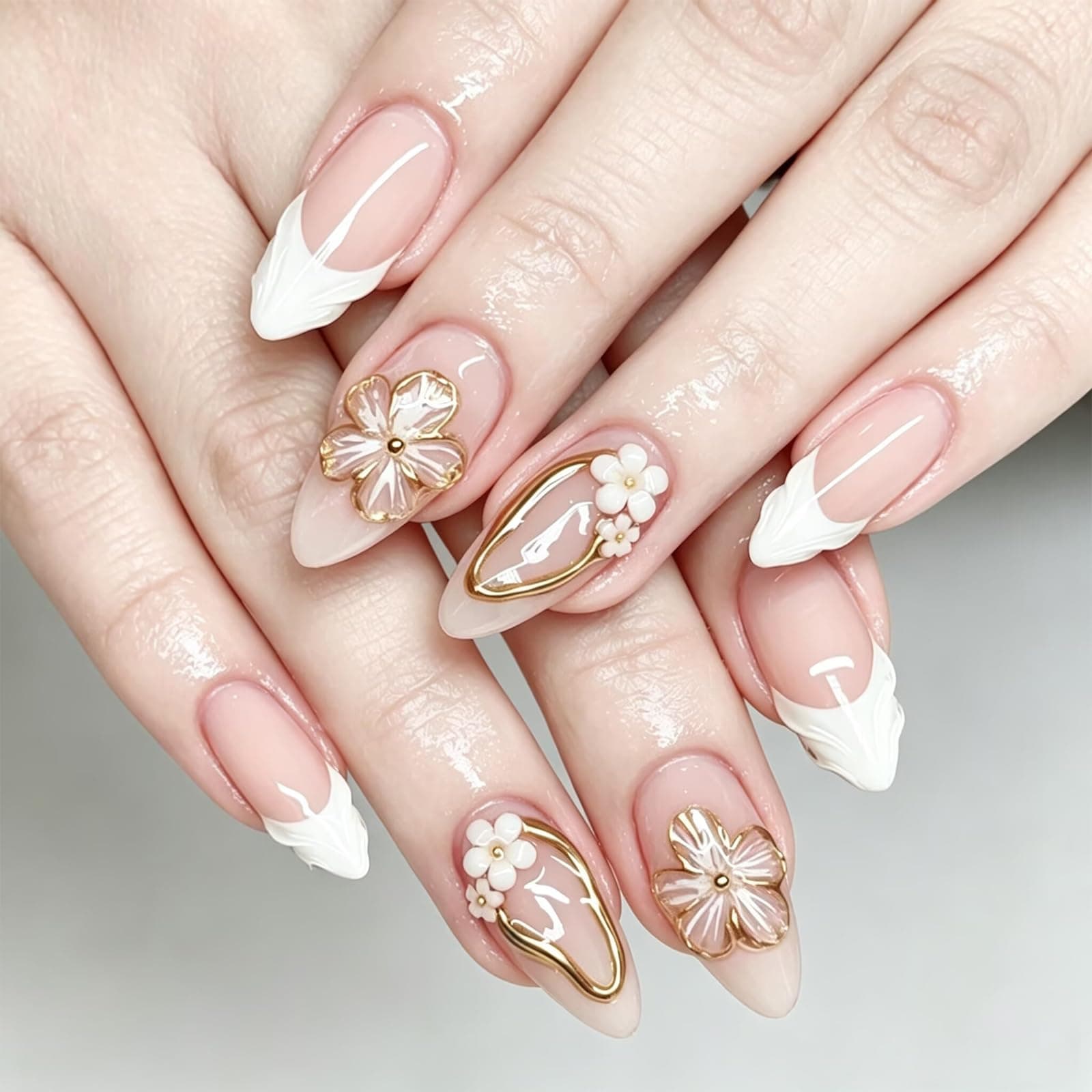Press On Nails - Medium Almond Shape, Glossy Cherry Mocha Dark Red Design, Reusable Acrylic On Nails for Women, DIY Salon Manicure Kit with Adhesive Tabs