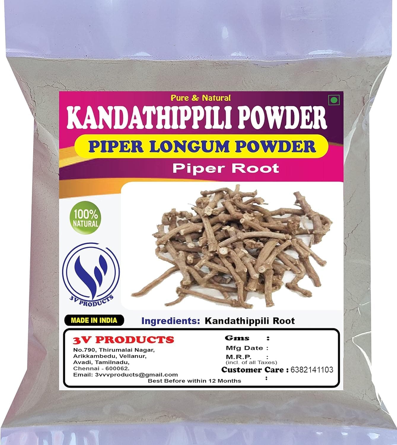 3V PRODUCTS Kandathippili Powder - Piper Root Powder - Piper longum Powder - Piparamula - Modikaddi - Kattuthippaliver - 100g