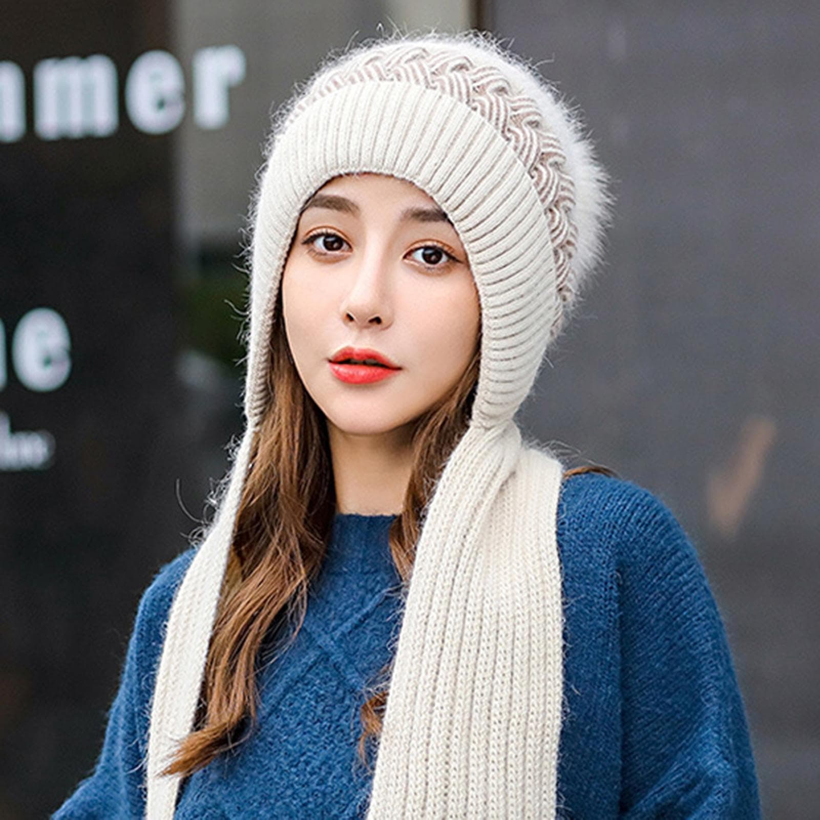 Richmen Women's Knitted Hat Winter Plush Velvet Warm Woolen Cap Neck Scarf | Twist Color Fuzzy Slouchy Beanie Monkey Cap with Muffler For Ski Hiking Outdoor Girls & Ladies