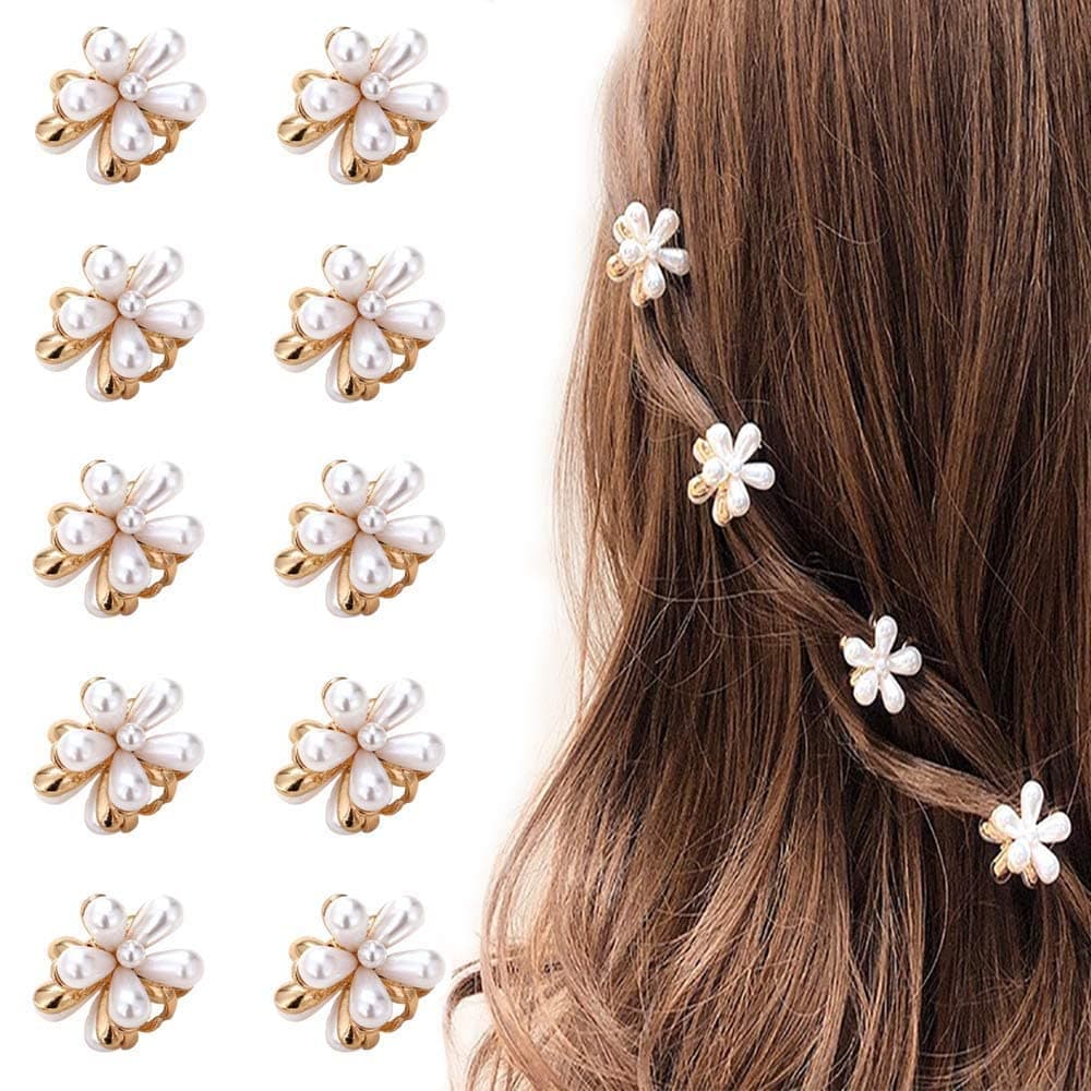 Fashion Alley 10pcs Mini Pearl Claw Clip, Retro Hair Clips with Daisy Flower, Sweet Artificial Bangs Clips Decorative Hair Accessories for Women Girls
