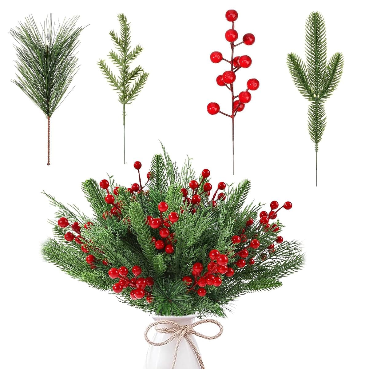 HASTHIP ® Cotton 60Pcs Christmas Tree Ornaments Artificial Pines & Berry Combo Set Flourish Greenery Pine Christmas Ornaments DIY Christmas Garland Wreath Xmas Embellishing Flower