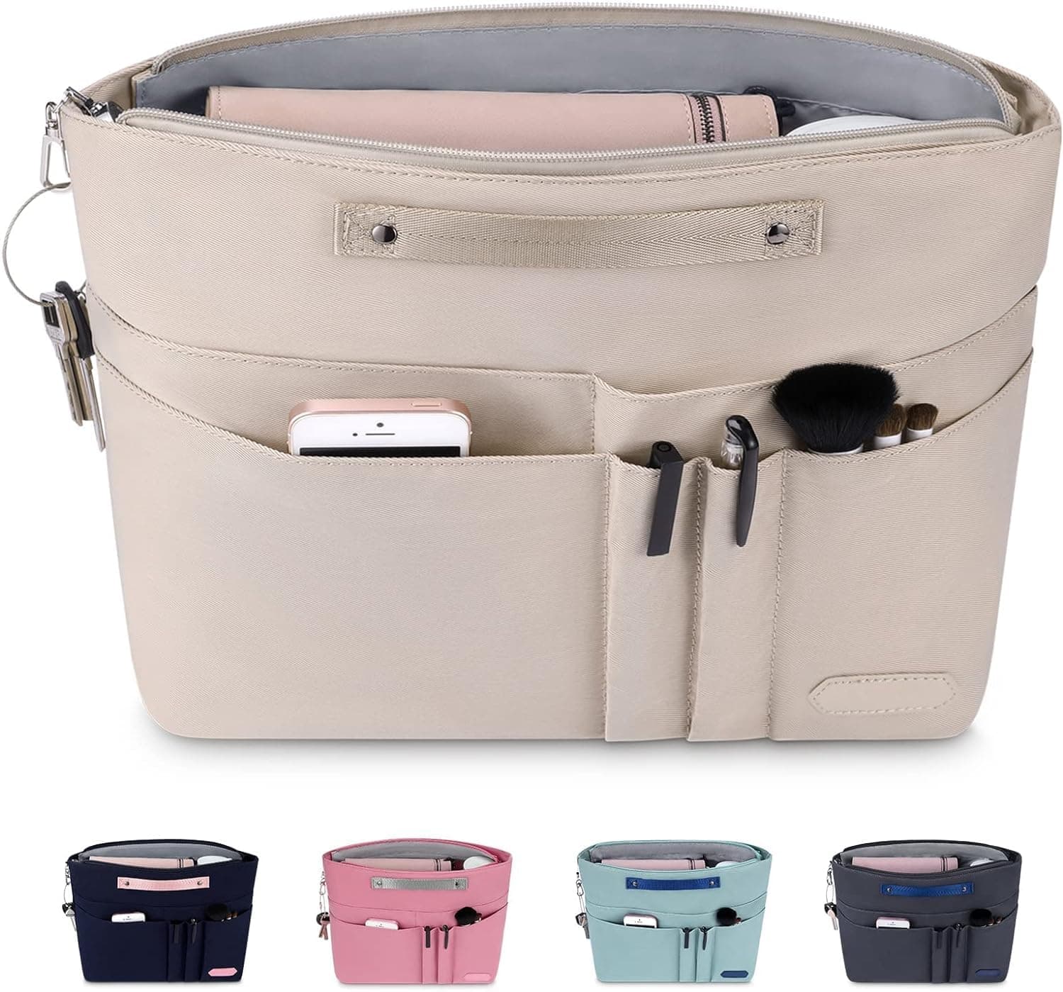 HyFanStr Purse Organizer Insert for Handbags,Tote Bag Organizer Insert Zipper Bag for Women, Handbag Organizer Inside Liner with 15 Pockets, Beige L