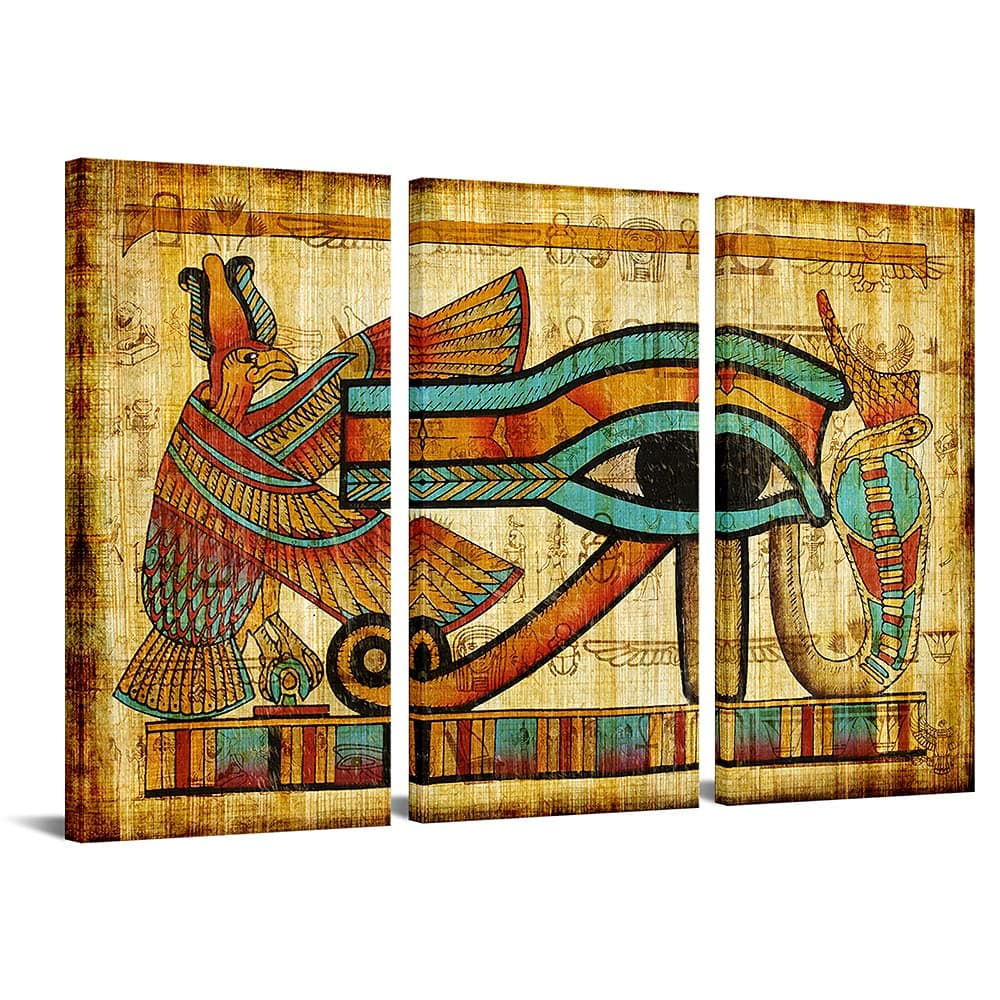Canvbay 3 Piece Vintage Egyptian Canvas Wall Art Horus Eye Painting Parchment Papyrus Pharaoh Pictures Print Home Decor Framed Antique Historical Artwork Ready to Hang Decoration 12x24inchx3pcs