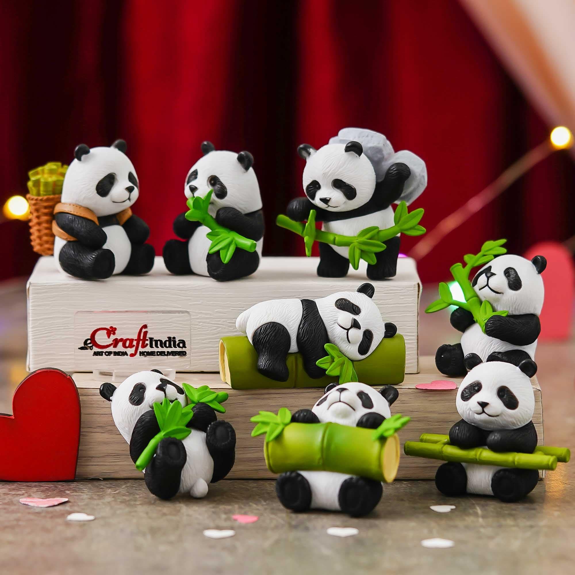 eCraftIndia Cute Panda with Bamboo Showpieces(Set of 8) Decorative Animal Figurines Valentine Day Decoration Items| Home Decor Valentine Gift for Girlfriend Boyfriend Husband Wife Special Love Her Him