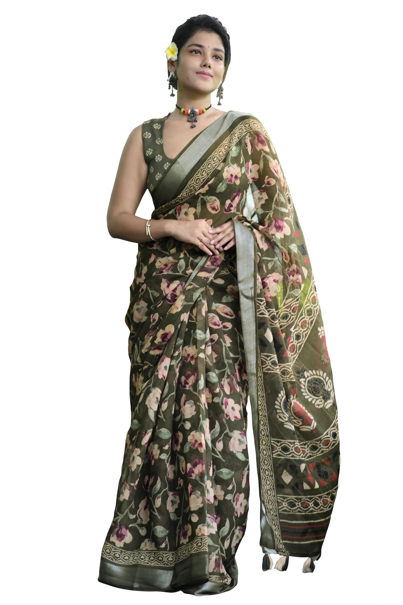 MIRCHI FASHION Ready to Wear 1 Min Drape Pocket Saree for Women || Cotton Blend Floral Printed Design Sari with Blouse Piece (60346 - Dark Mehandi Green, Cream, Red)