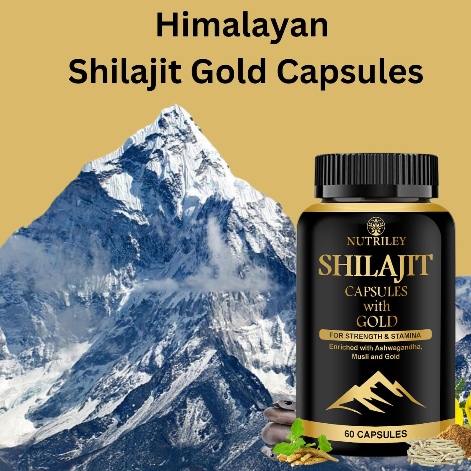 Nutriley Shilajit Gold Capsules for Men with Ashwagandha, Safed Musli (60 Capsules Pack of 1)