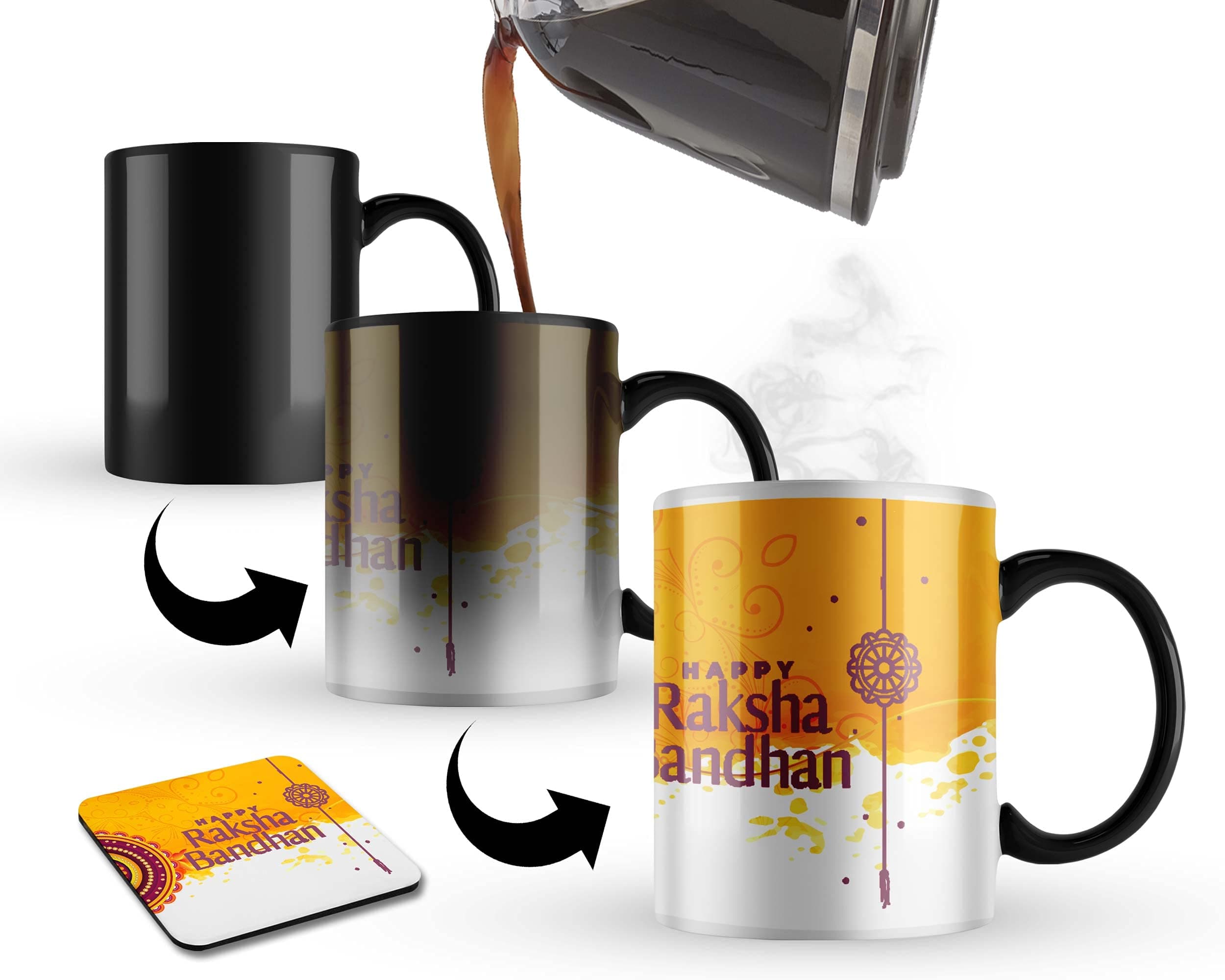 Morons Magic Coffee Mug Gift for Happy Raksha Bandhan Theme Based Printed Color Changing Coffee Mug with Tea Coaster | Brother's Rakhi Gift for Sister; 330ml