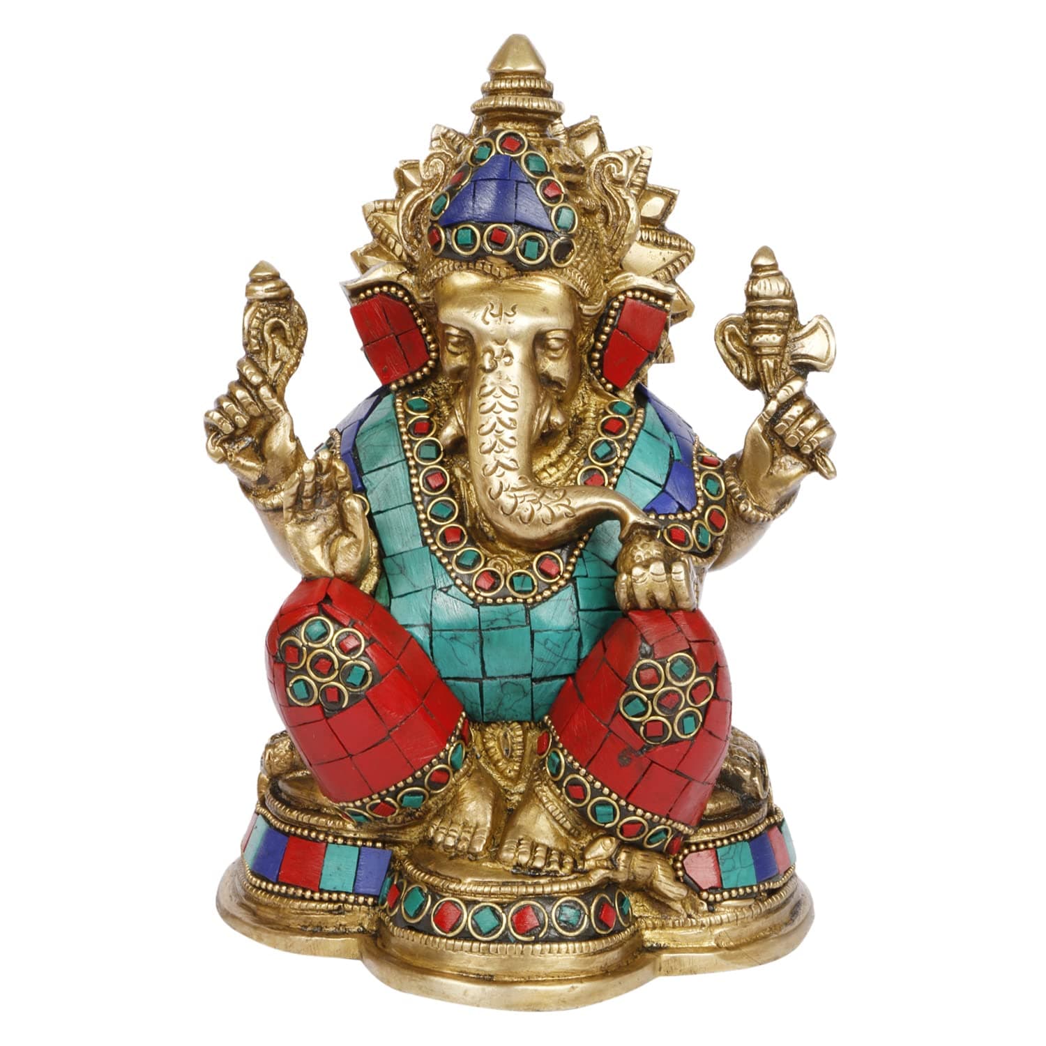 ARTVARKO Brass Sitting Ganesha with Multicolor Stone Handwork Ganpati Idol for Gift Ganesh Big Size Murti Home Decor Shop Entrance Height 6.5 Inches
