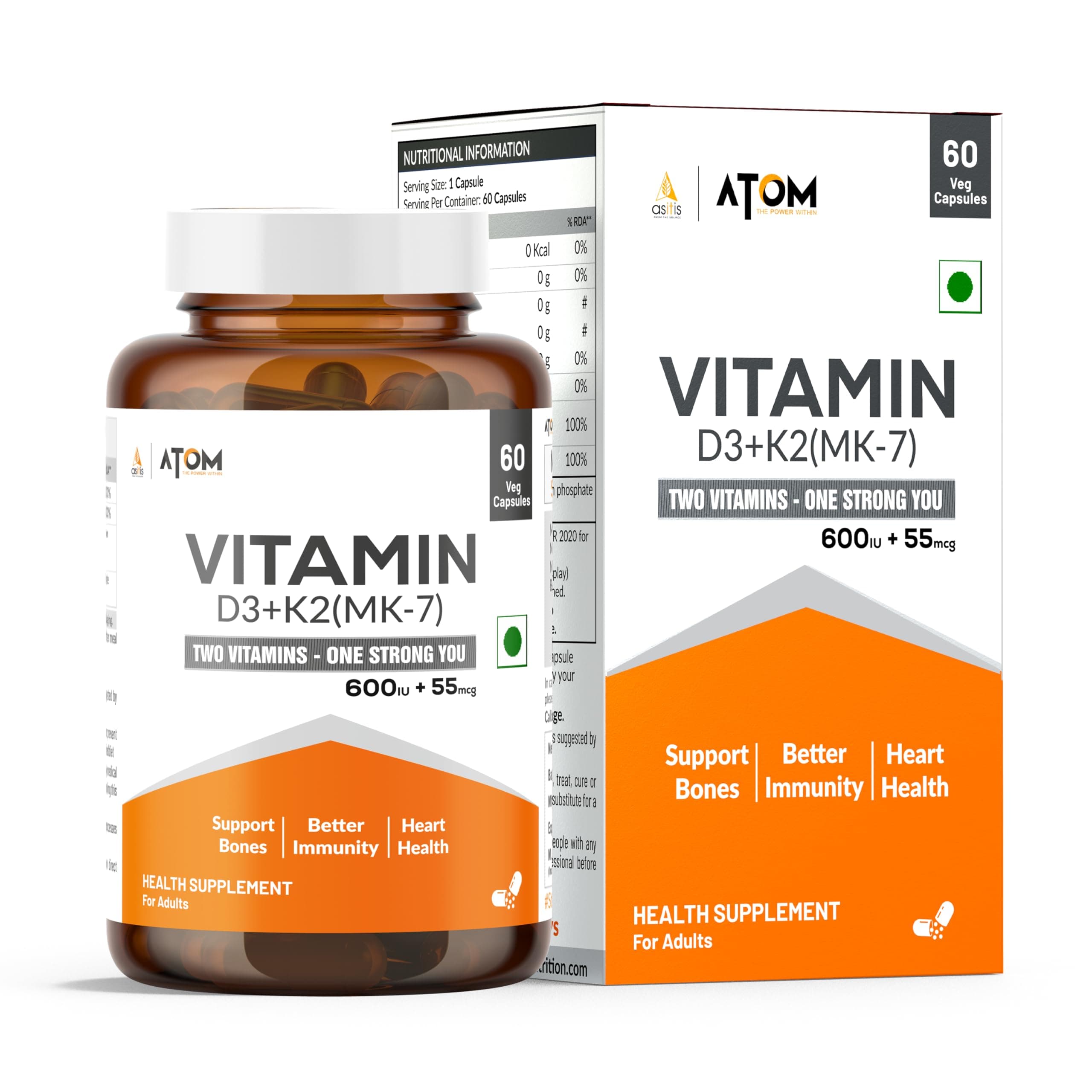 AS-IT-IS ATOM Vitamin D3 & K2 (MK-7) 60 Veg Capsules for Immunity, Bones & Heart Health Support I Plant Based | For Men and Women