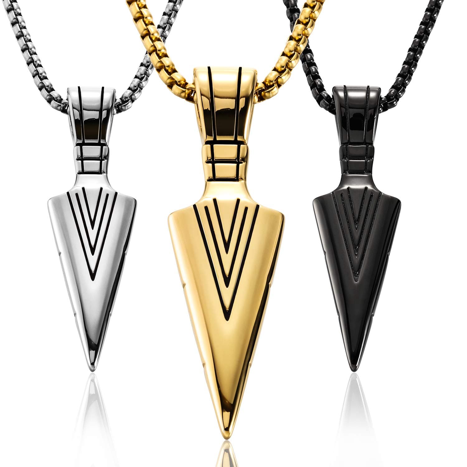 3 Pieces Stainless Steel Arrowhead Pendant Chain Necklace Spearpoint Necklace