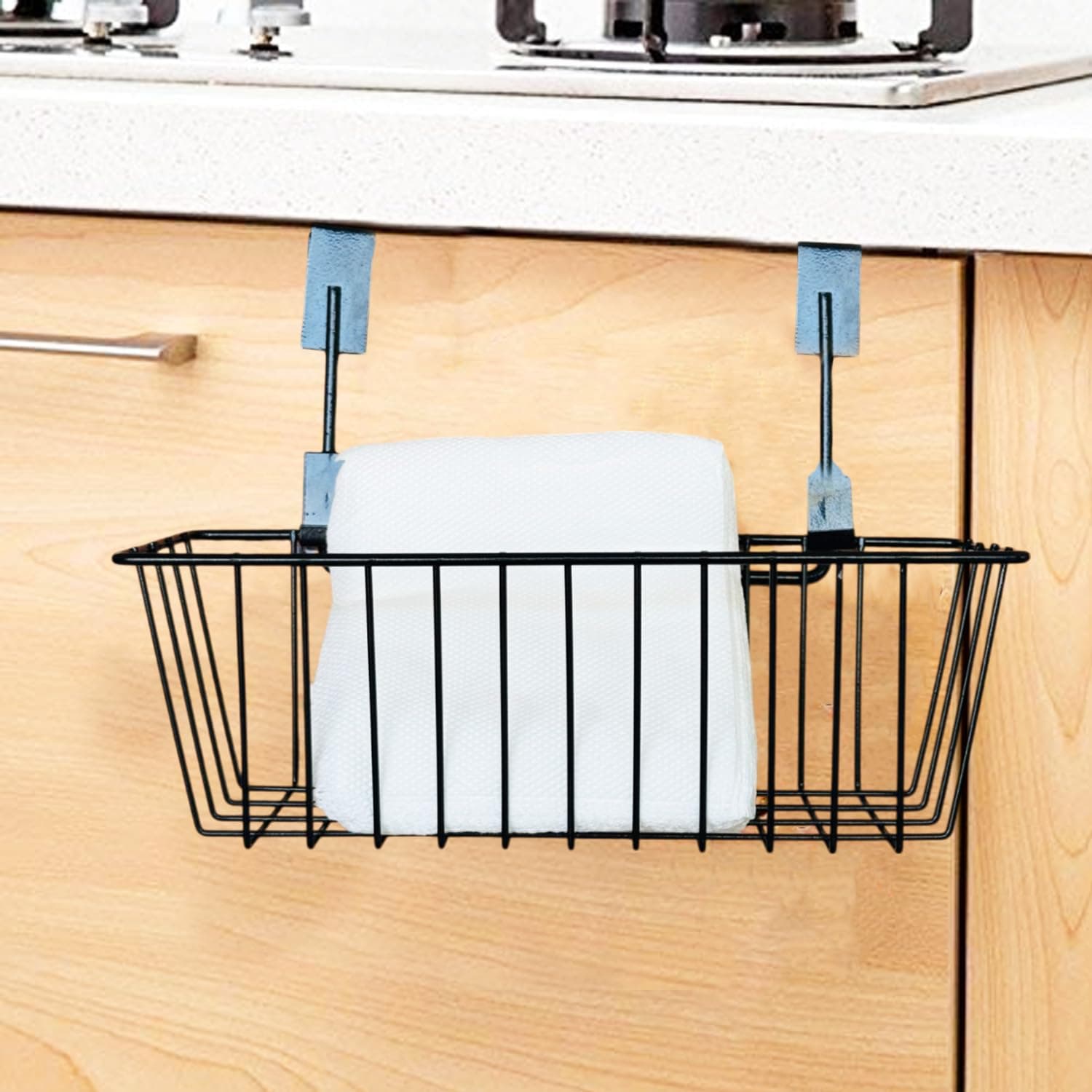Go Hooked Metal Wire Multipurpose Over Door Basket | Hanging Cabinet Storage Organizer Bin for Kitchen, Pantry, Bathroom | Black