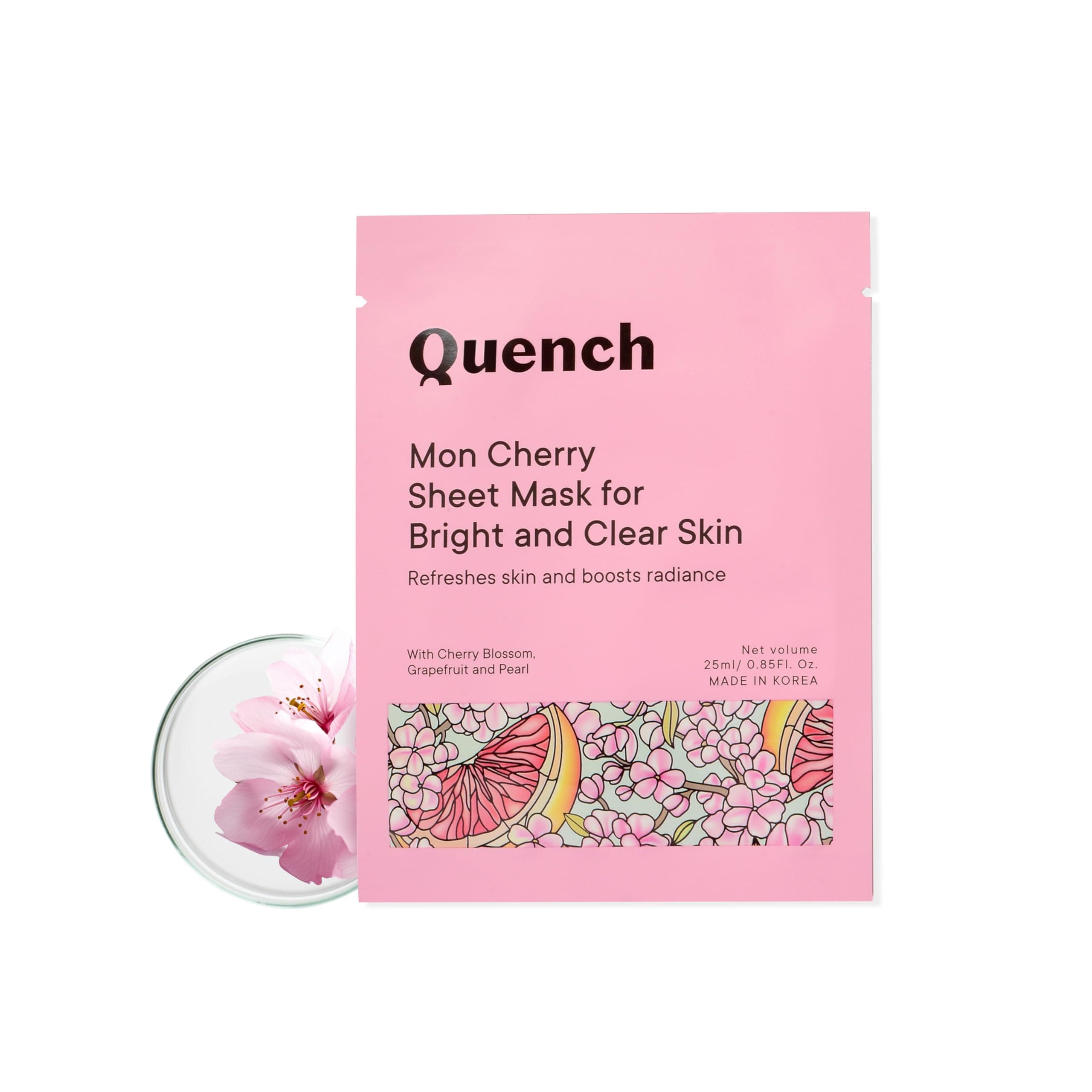 QUENCH BOTANICS Quench Brightening Korean Sheet Mask with Cherry Blossom Radiance | Korean Face Mask for Glowing Skin | Hydrates Skin and Evens Out Skin Tone | Made in Korea (Pack of 1, 25ml)
