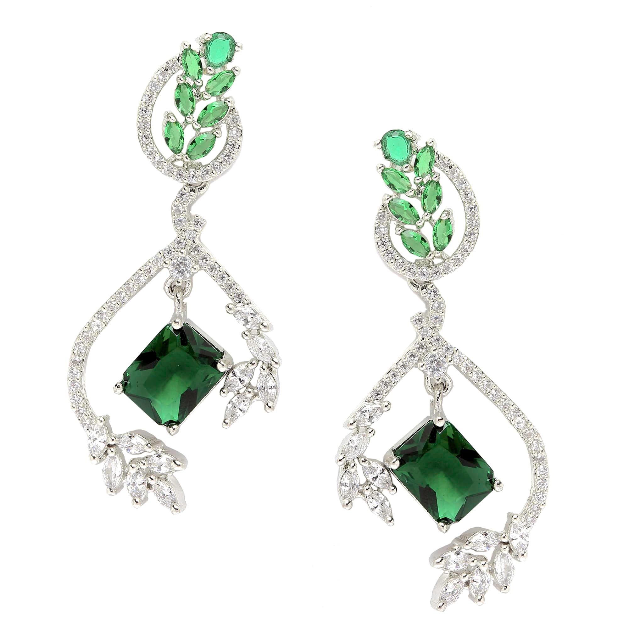 ZENEME Rhodium-Plated American Diamond Studded Square & Leaf Shaped Drop Earrings For Girsl and Women