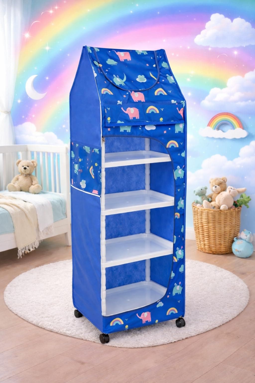 YouCopia Baby Wardrobe Plastic Kids Storage Rack with Fabric Cover & Wheels | 6-Tier Plastic Shelves Organizer | Toy, Book & Clothes Storage Cabinet for Kids Room