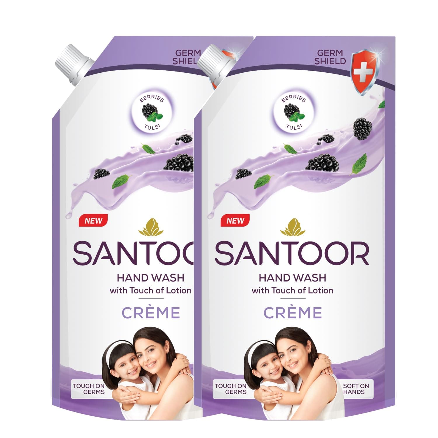 Santoor Crème Handwash 600ml, Pack of 2 with Touch of Lotion| Made with Berries & Tulsi| Rich Lathering Formula with Anti-Bacterial Properties| Soft on Hands| Soothes & Hydrates Skin