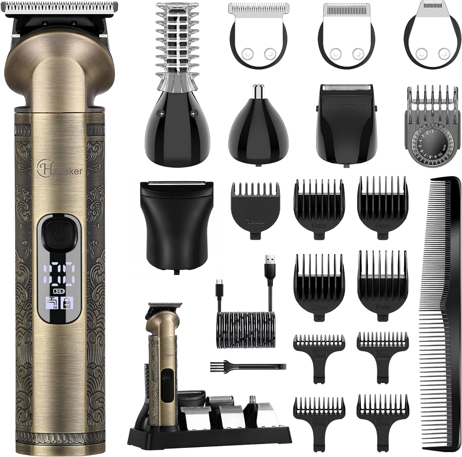 Hatteker Hair Trimmer Razor Beard Trimmer Nose Hair Trimmer T-Blade Trimmer Body Grooming Kit Waterproof Hair Razor for Men USB Rechargeable with Ultra Sharp Blade 8-in-1