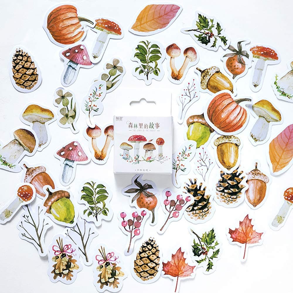Doraking 46PCS Cute Boxed DIY Decoration Mini Size Paper Forest Marple Mushroom Leaves Fruits Stickers for Laptop Planners Scrapbook Cups Diary Notebooks Album Phone Case (Story of Forest)