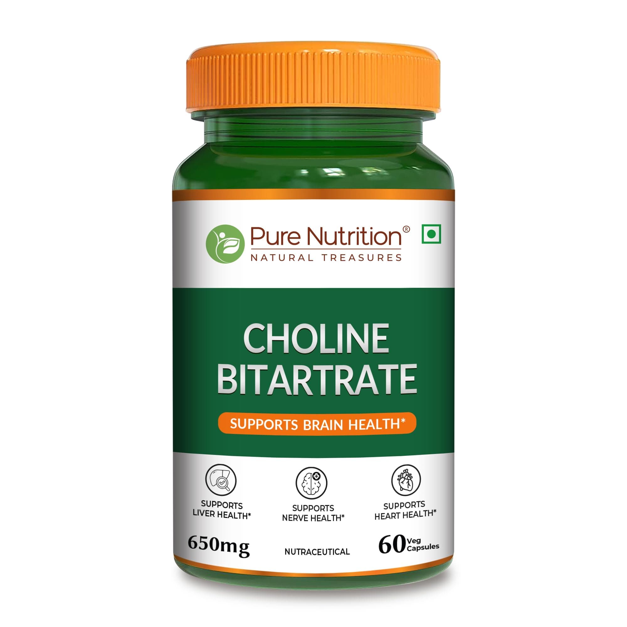 Pure Nutrition Choline Bitartrate 650mg | Choline Supplements Supports Brain, Nerve, Liver & Heart Health | Nootropic Supplement for Cognitive Function - 60 Veg Capsules