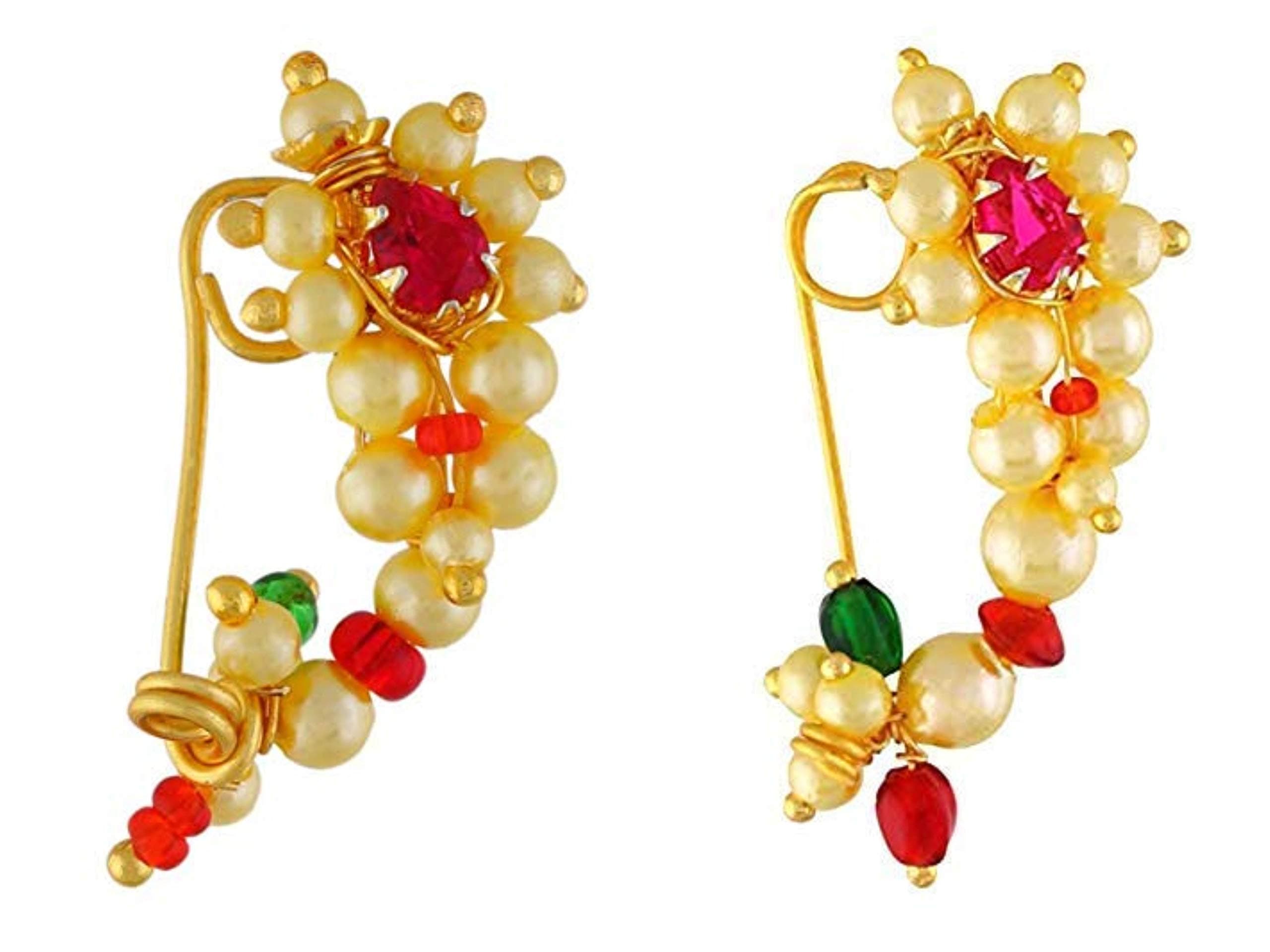 Vail Creations Traditional Maharashtrian Nose ring without piercing Pearl Gold Plated Nath Clip On Nose Ring For Women Combo of 2
