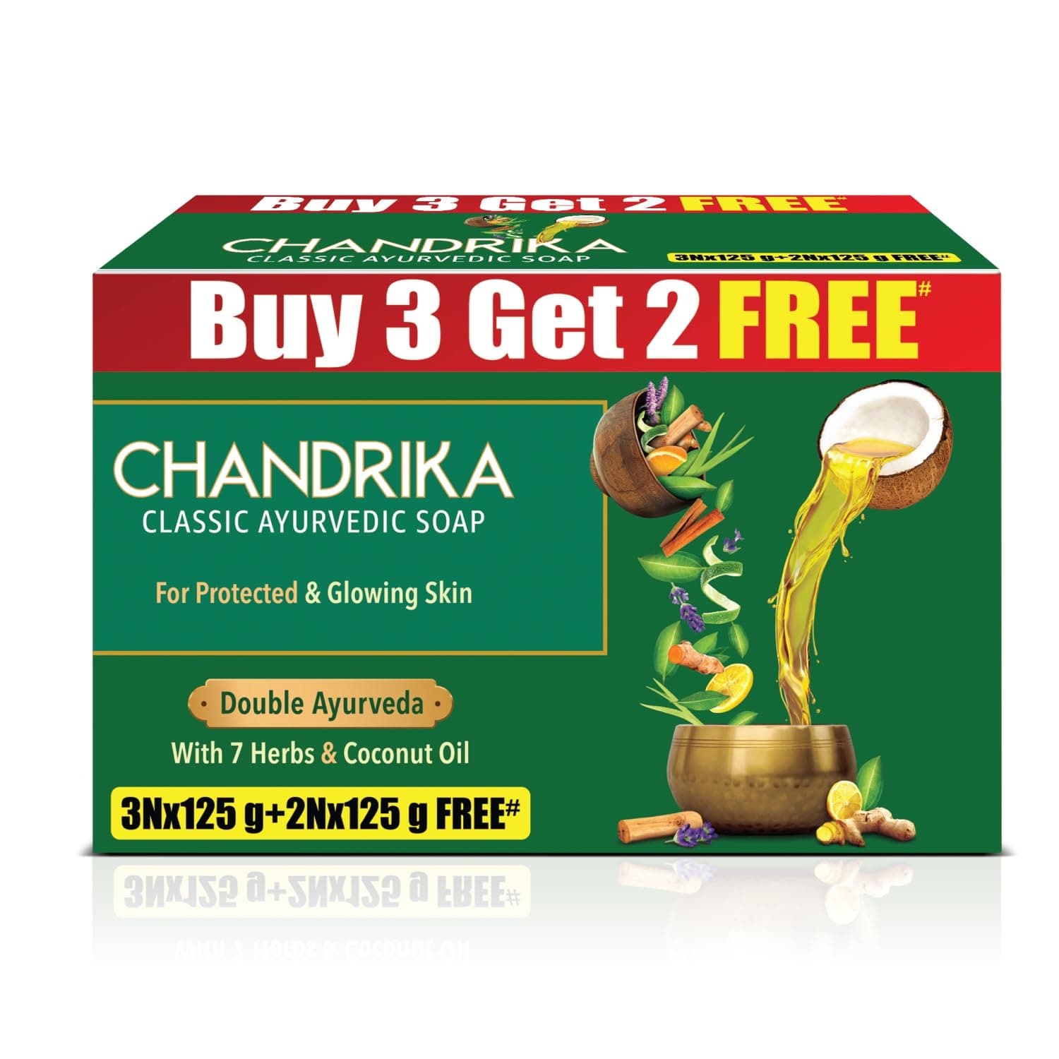 Chandrika Ayurvedic Soap Classic| Handmade Soap for Naturally Radiant Skin| For All Skin Types| 125g (Pack of 3) + 2x125g Soap Free