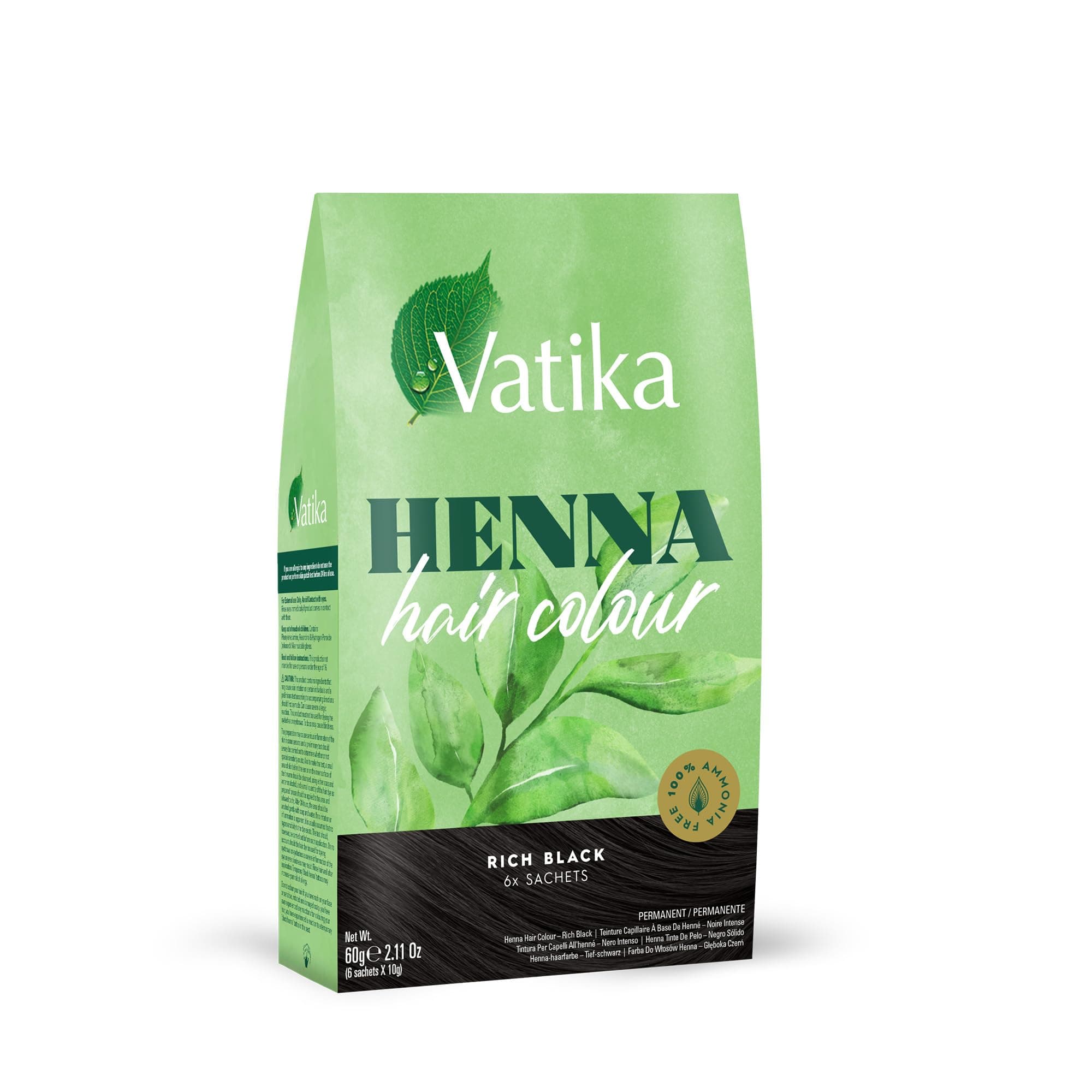 Vatika Henna Rich Black Hair Colour, 60g, 6 x 10g Sachets, 100% Ammonia Free, for Vibrant Color, Shine & Coverage