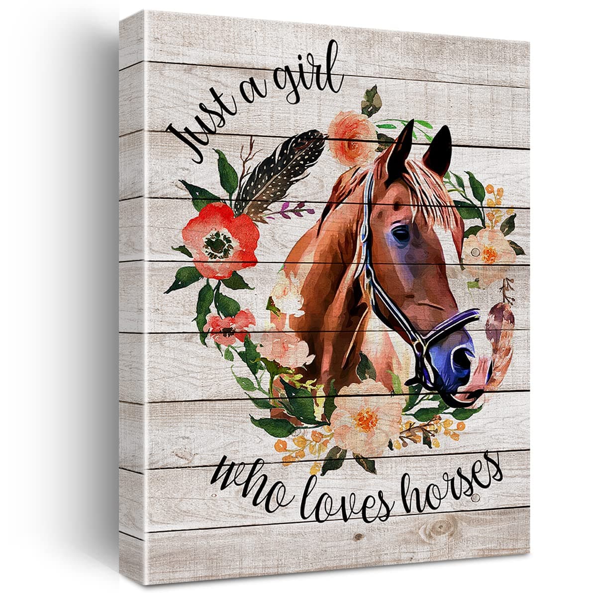 Just a Girl Who Loves Horses Flowers Quote Canvas Wall Art Horse with Flowers Canvas Print Rustic Painting Wall Decor Framed Gift 12x15 Inch
