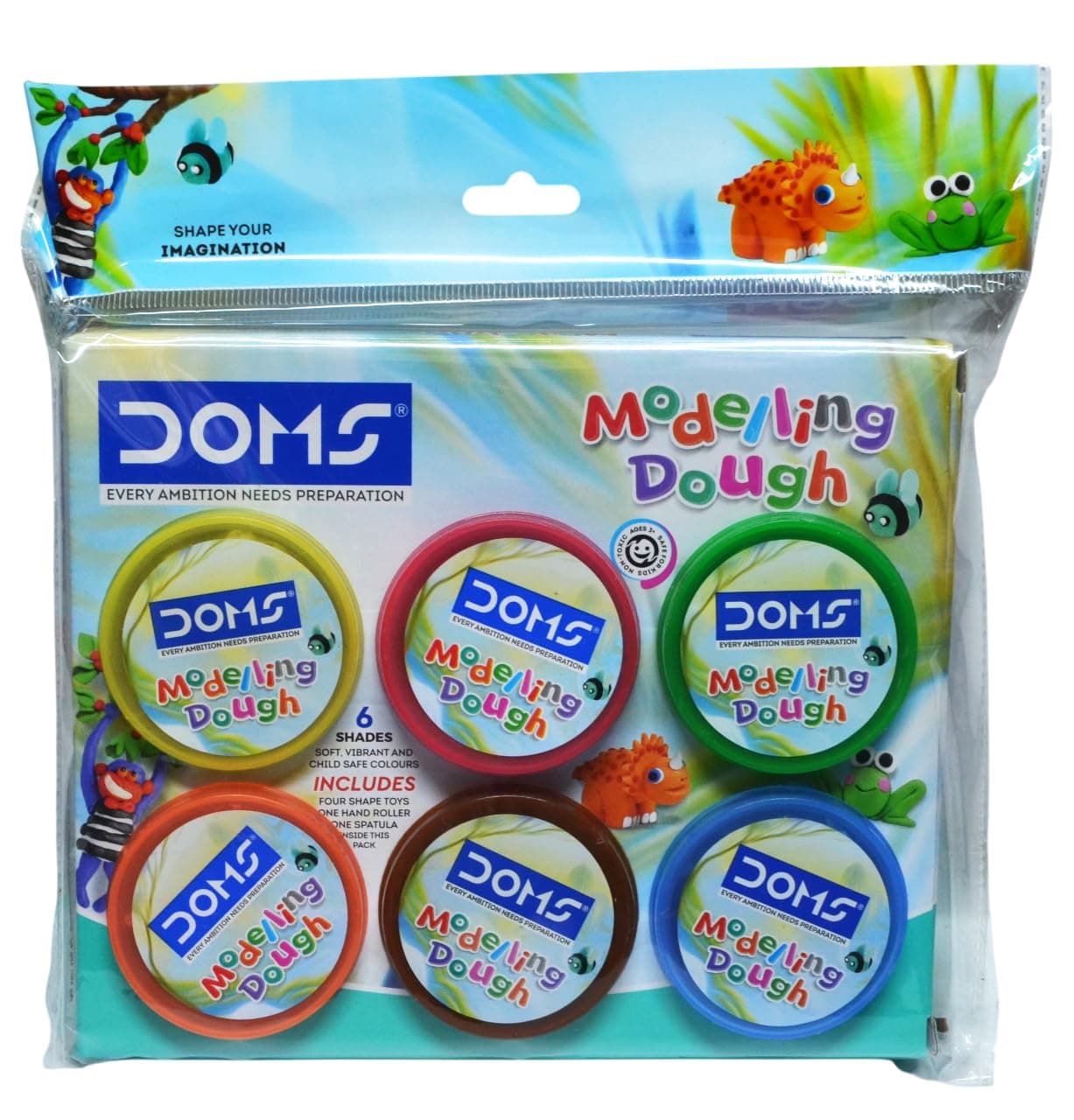 DOMS Modelling Dough 6 Shades(150 GM) | Safe & Non -Toxic| for DIY Art & Craft | Activity for Kids | 6 Shades with 4 Shape Toys,1 Roller, 1 Spatula
