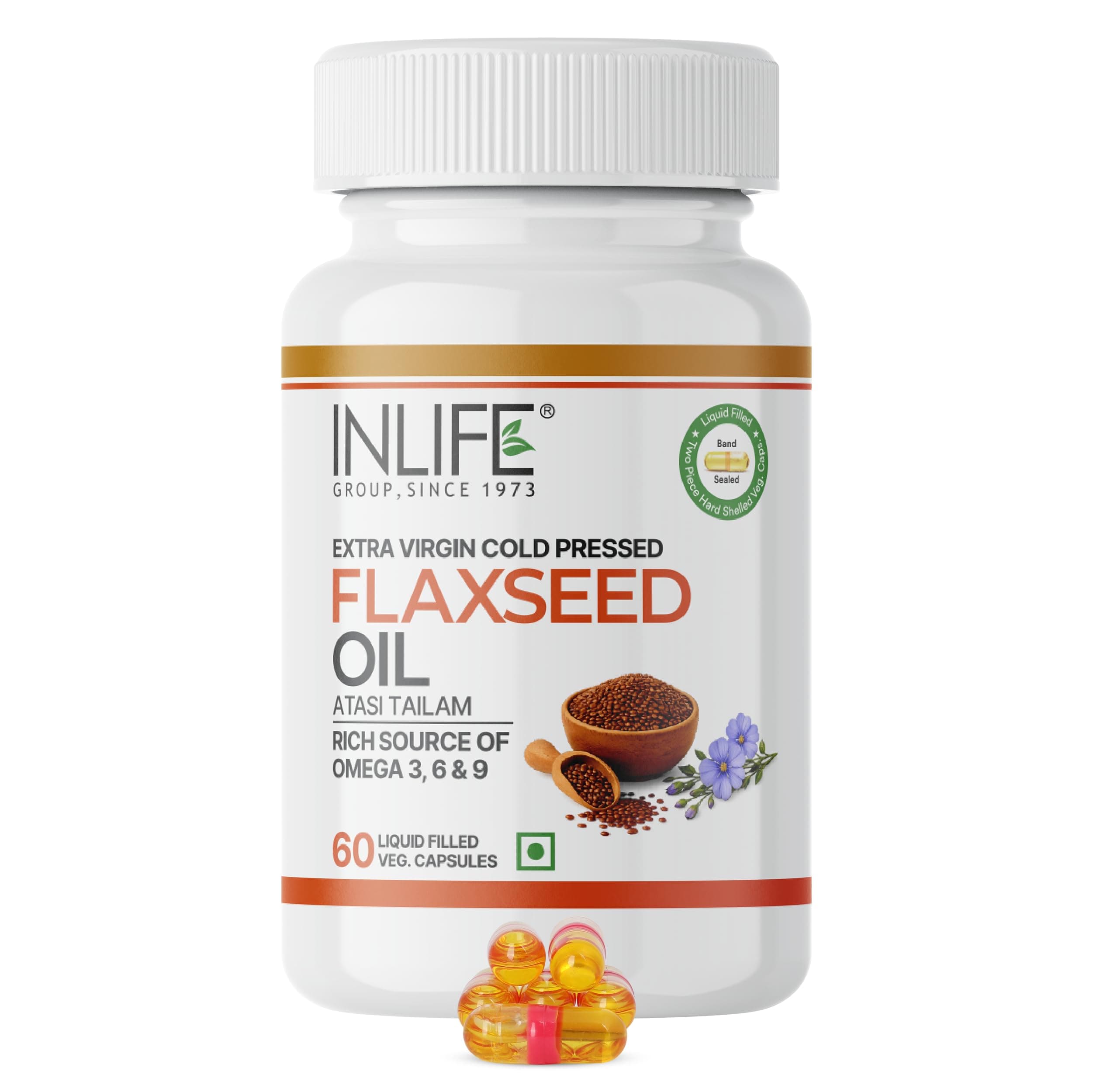 INLIFE Flaxseed Oil Veg Capsules 500mg, Omega 3 6 9 Supplement, 60 Count