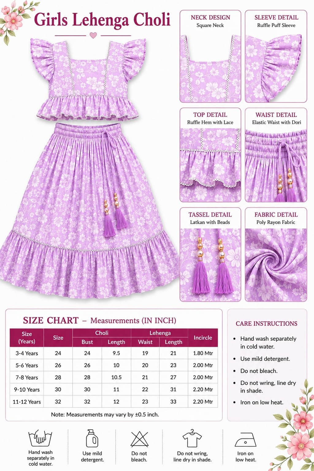 GORLYA Girl's Rayon Printed Traditional Lehenga with Puff Sleeve Designer Choli Set